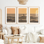 Golden Surf Silhouette seaside prints- Natural Wood Framed Poster with White Border - Artworksets