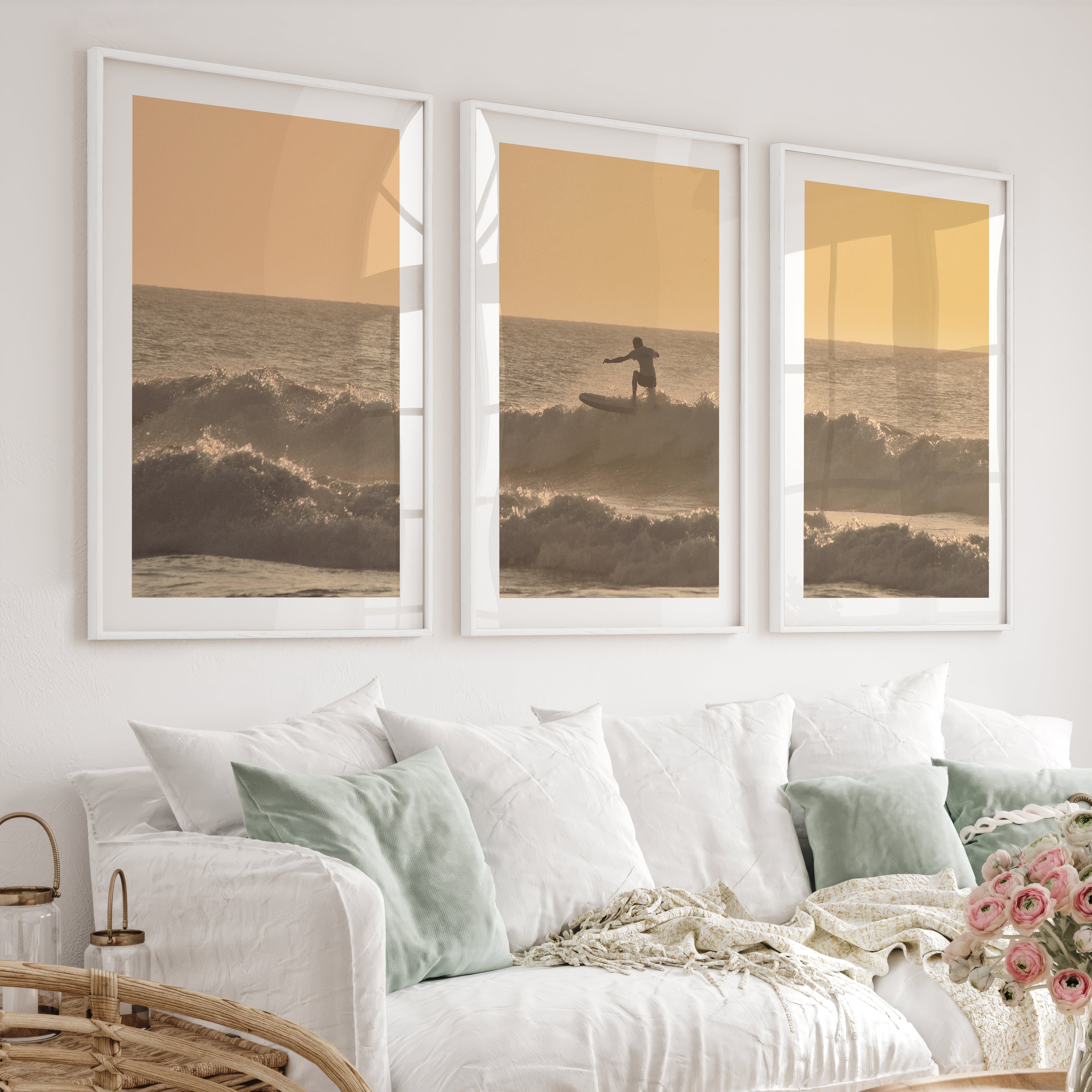 Golden Surf Silhouette seaside prints - White Framed Poster with White Border - Artworksets