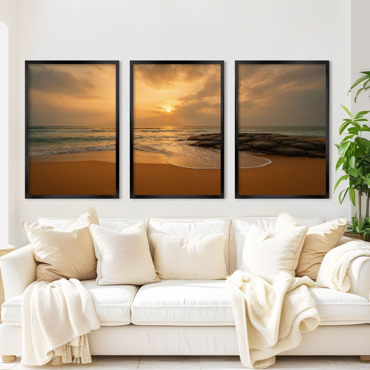 Seaside Sunset Triptych – Warm Coastal Wall Art in Golden Tones - Black Framed Poster No Border - Artworksets