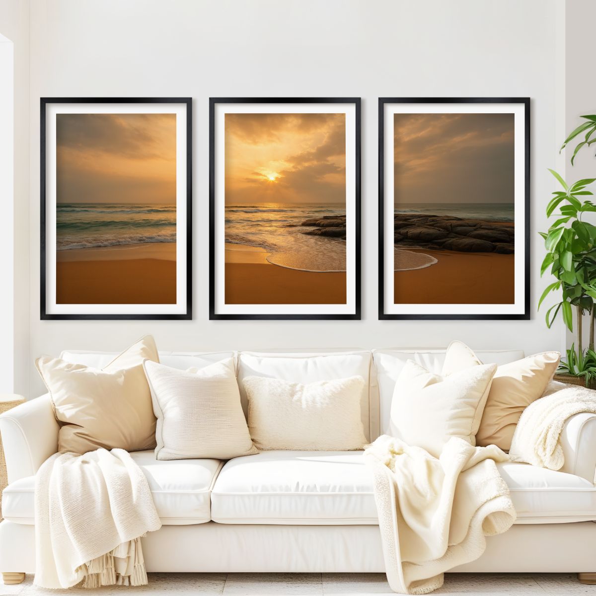 Seaside Sunset Triptych – Warm Coastal Wall Art in Golden Tones - Black Framed Poster with White Border - Artworksets