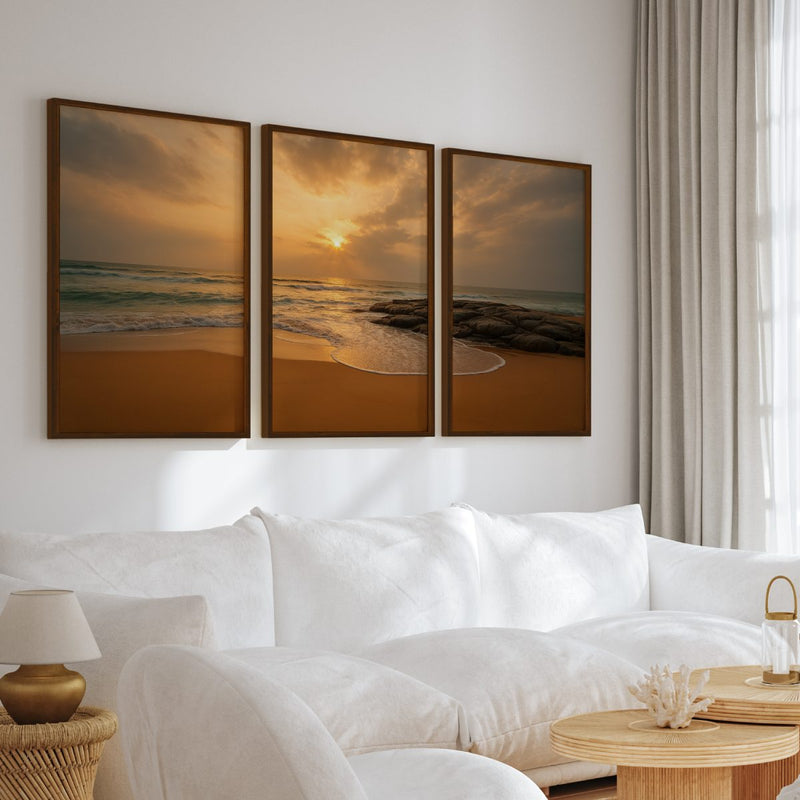 Seaside Sunset Triptych – Warm Coastal Wall Art in Golden Tones - Dark Brown Framed Poster No Border - Artworksets
