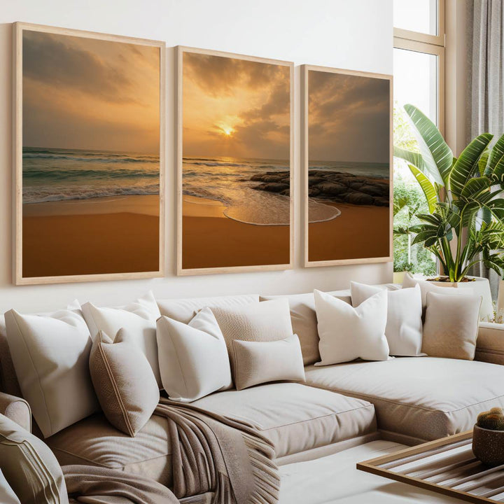 Seaside Sunset Triptych – Warm Coastal Wall Art in Golden Tones - Natural Wood Framed Poster No Border - Artworksets