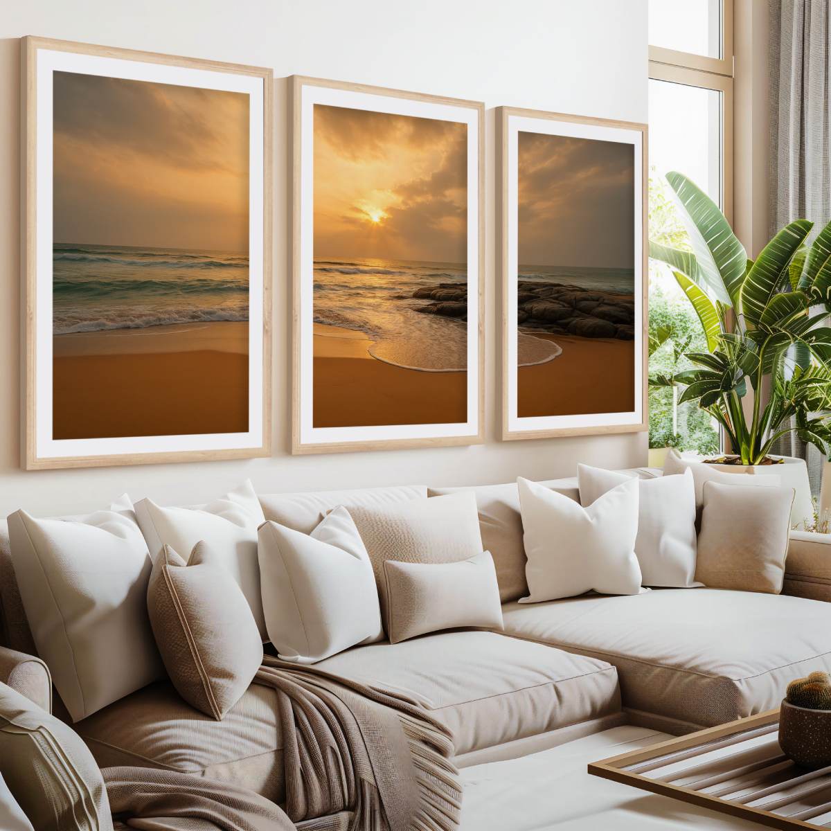 Seaside Sunset Triptych – Warm Coastal Wall Art in Golden Tones- Natural Wood Framed Poster with White Border - Artworksets