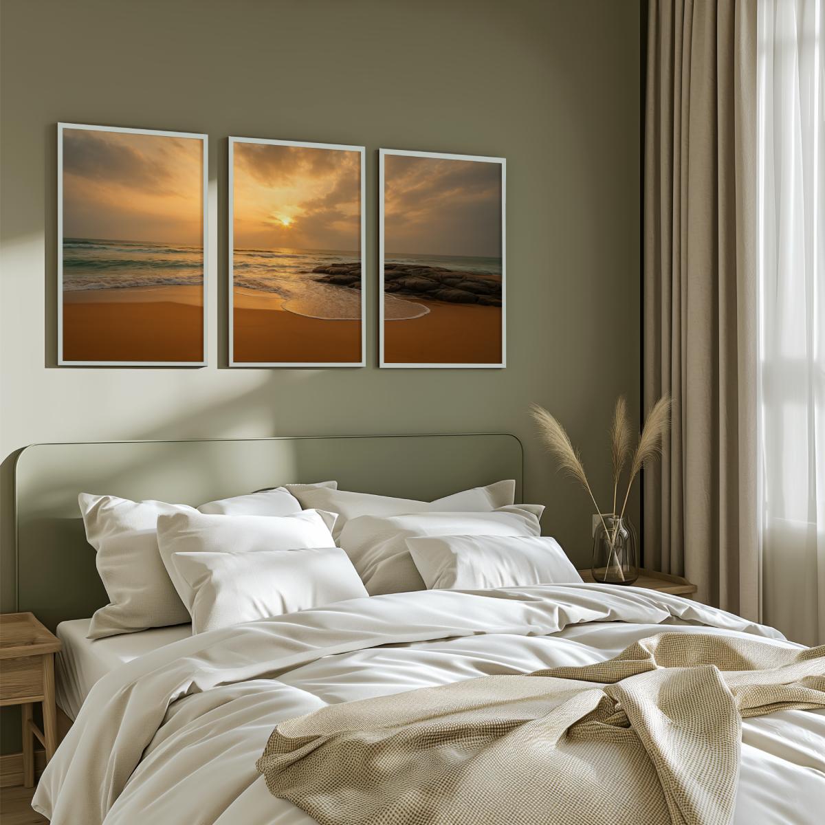 Seaside Sunset Triptych – Warm Coastal Wall Art in Golden Tones - White Framed Poster No Border - Artworksets