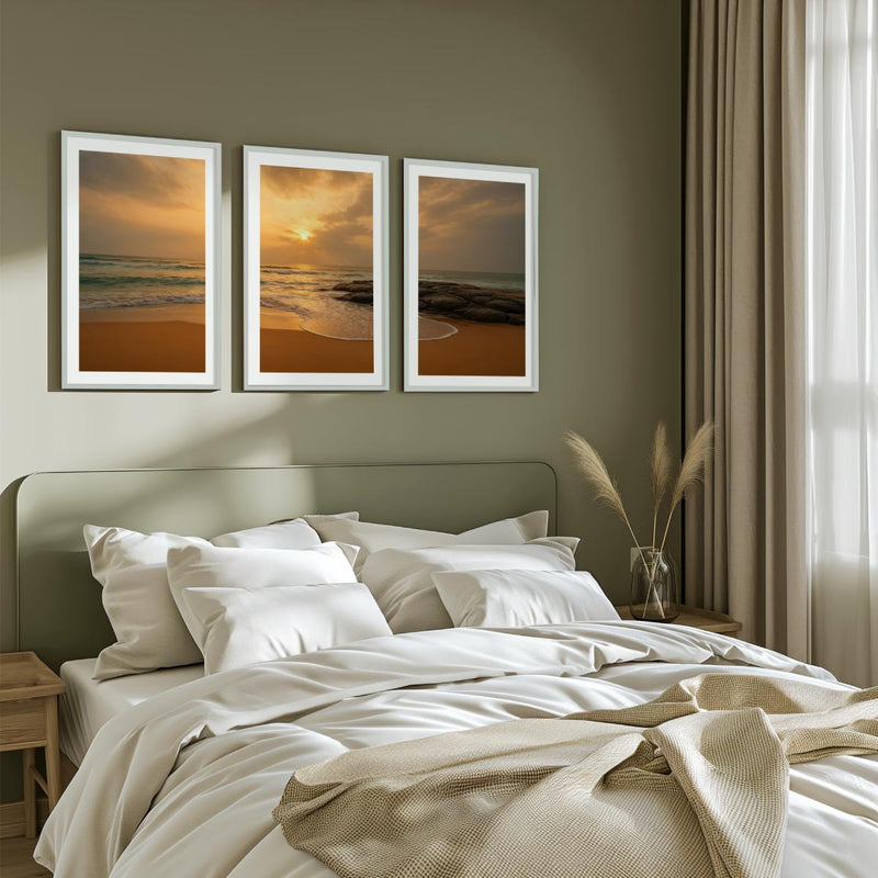 Seaside Sunset Triptych – Warm Coastal Wall Art in Golden Tones - White Framed Poster with White Border - Artworksets