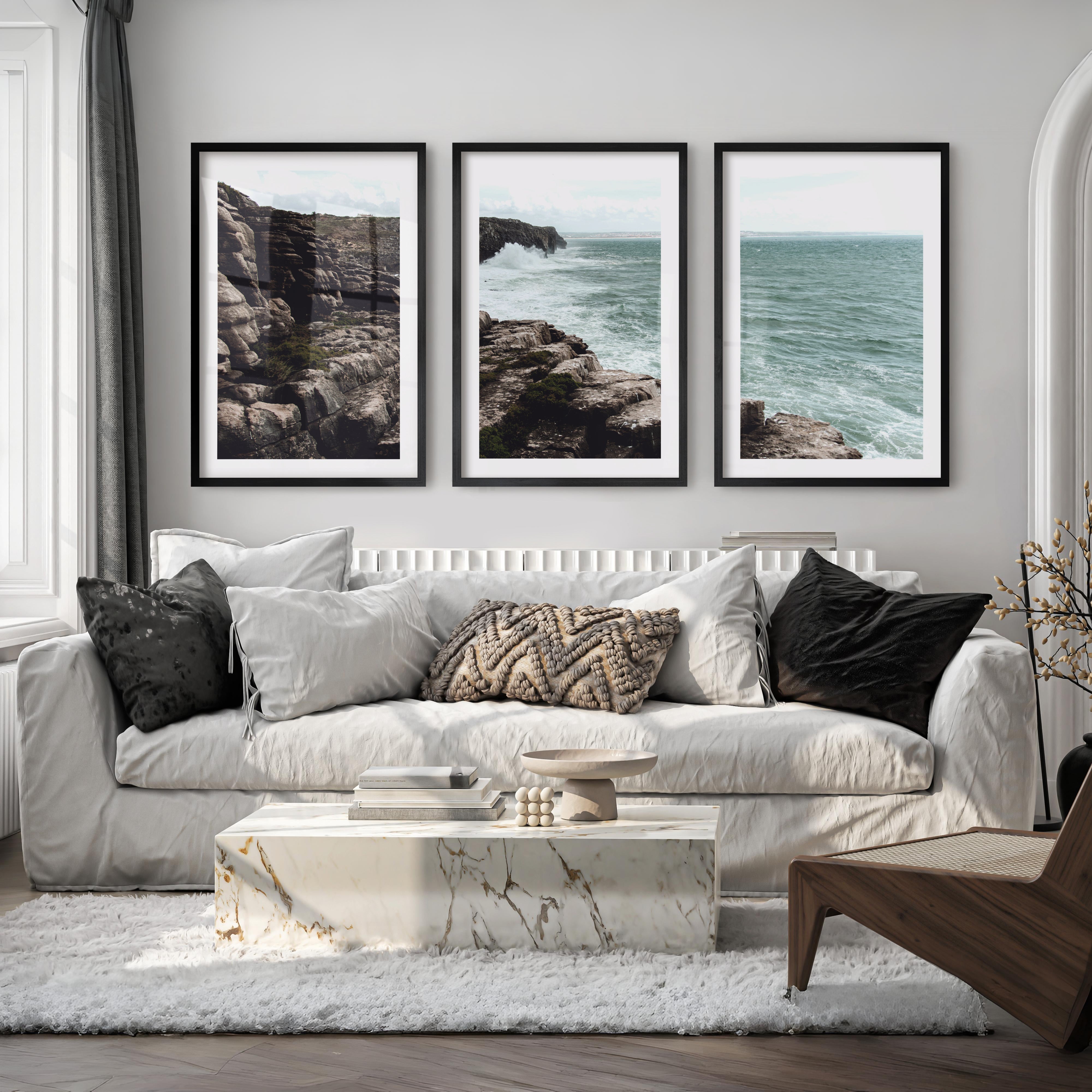 Rocky Cliffs Seaside Themed Wall Art - Black Framed Poster with White Border - Artworksets