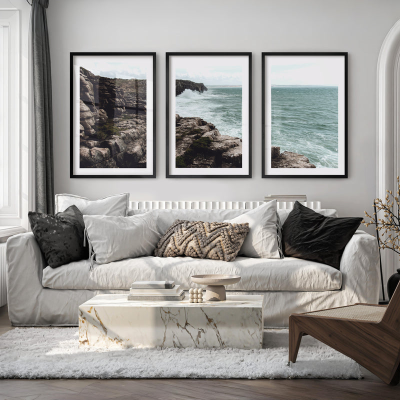 Rocky Cliffs Seaside Themed Wall Art - Black Framed Poster with White Border - Artworksets