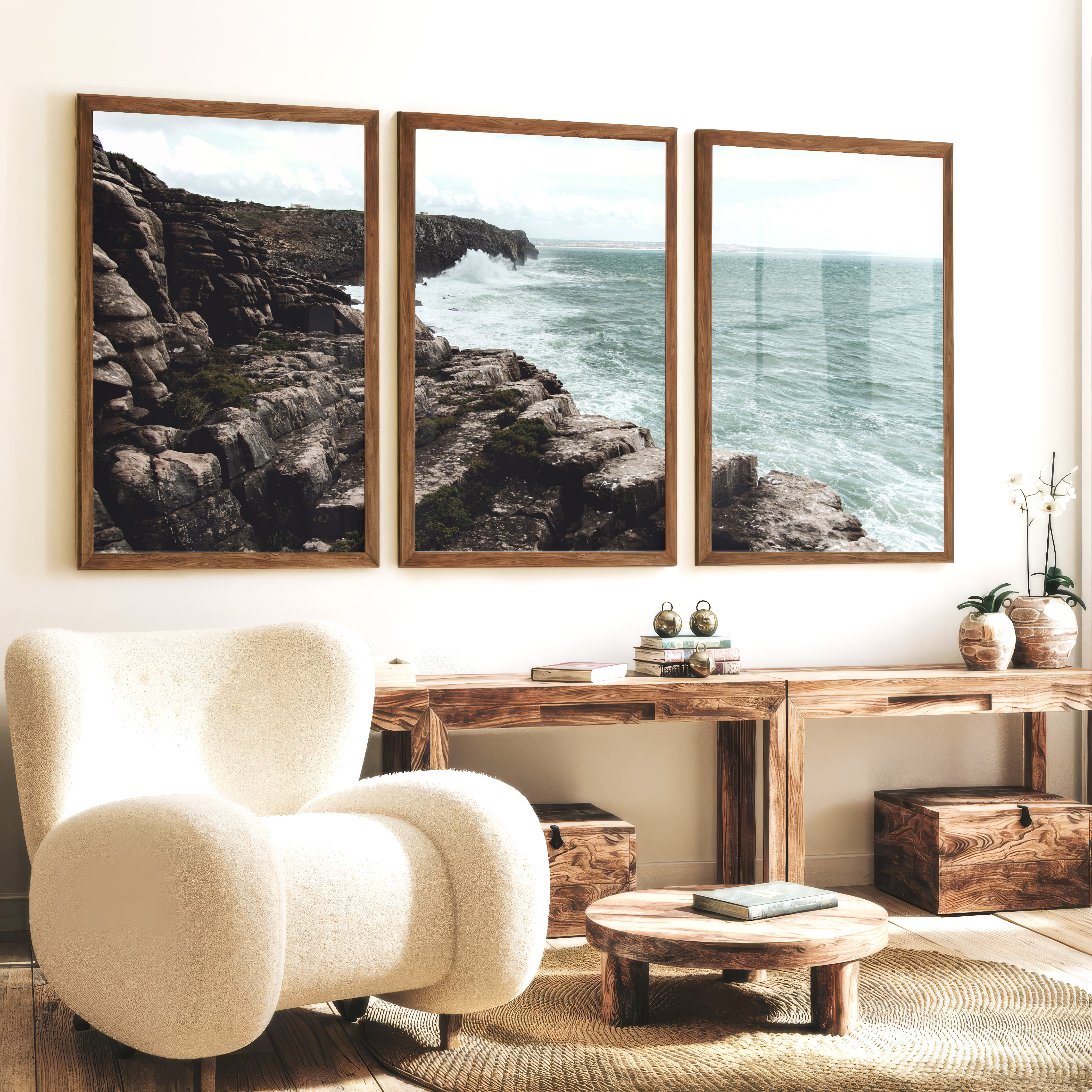 Rocky Cliffs Seaside Themed Wall Art - Dark Brown Framed Poster No Border - Artworksets