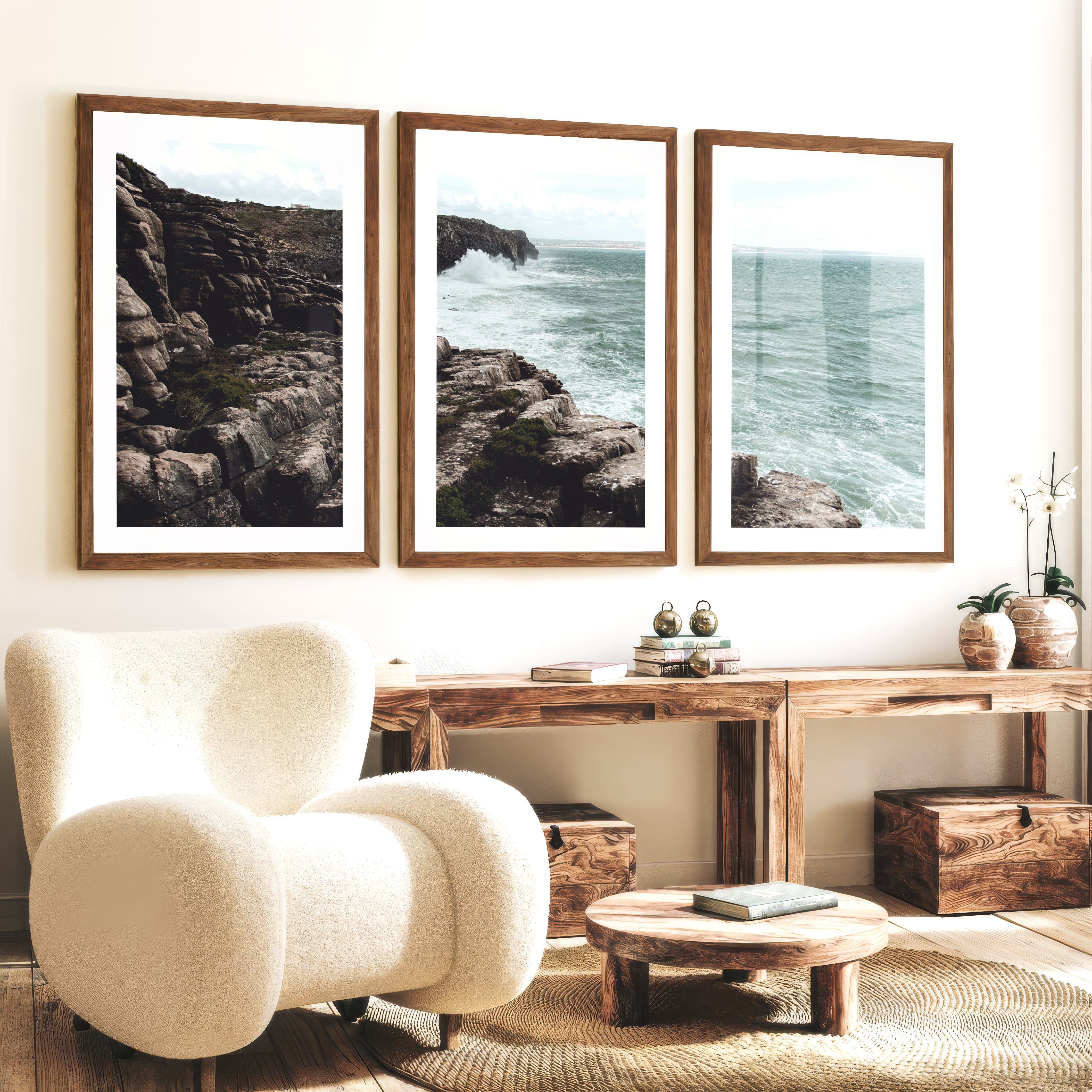 Rocky Cliffs Seaside Themed Wall Art - Dark Brown Framed Poster with White Border - Artworksets