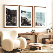 Rocky Cliffs Seaside Themed Wall Art - Dark Brown Framed Poster with White Border - Artworksets