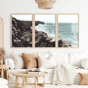 Rocky Cliffs Seaside Themed Wall Art - Natural Wood Framed Poster No Border - Artworksets