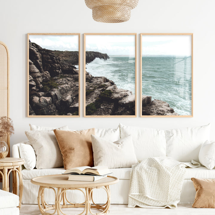 Rocky Cliffs Seaside Themed Wall Art - Natural Wood Framed Poster No Border - Artworksets