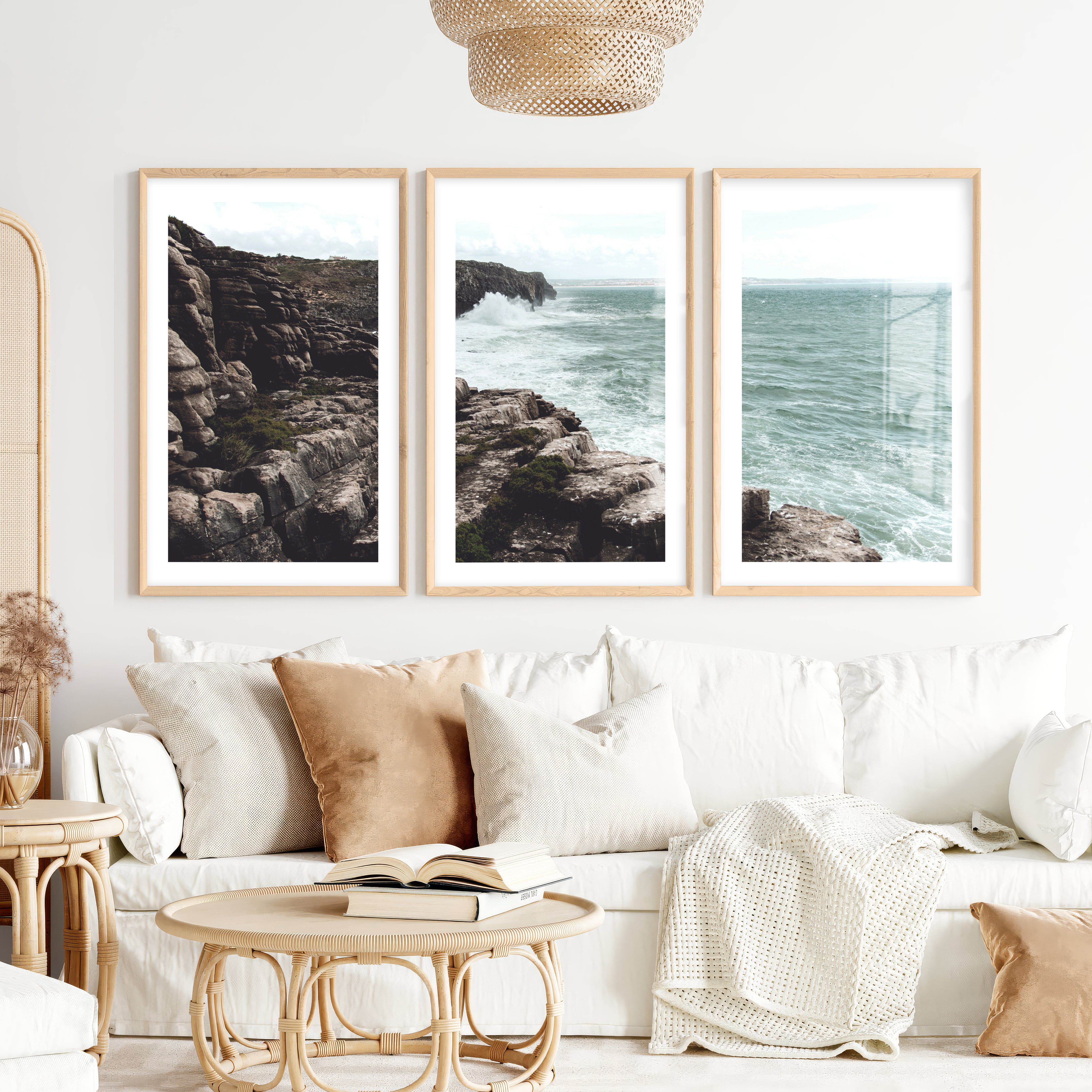 Rocky Cliffs Seaside Themed Wall Art- Natural Wood Framed Poster with White Border - Artworksets