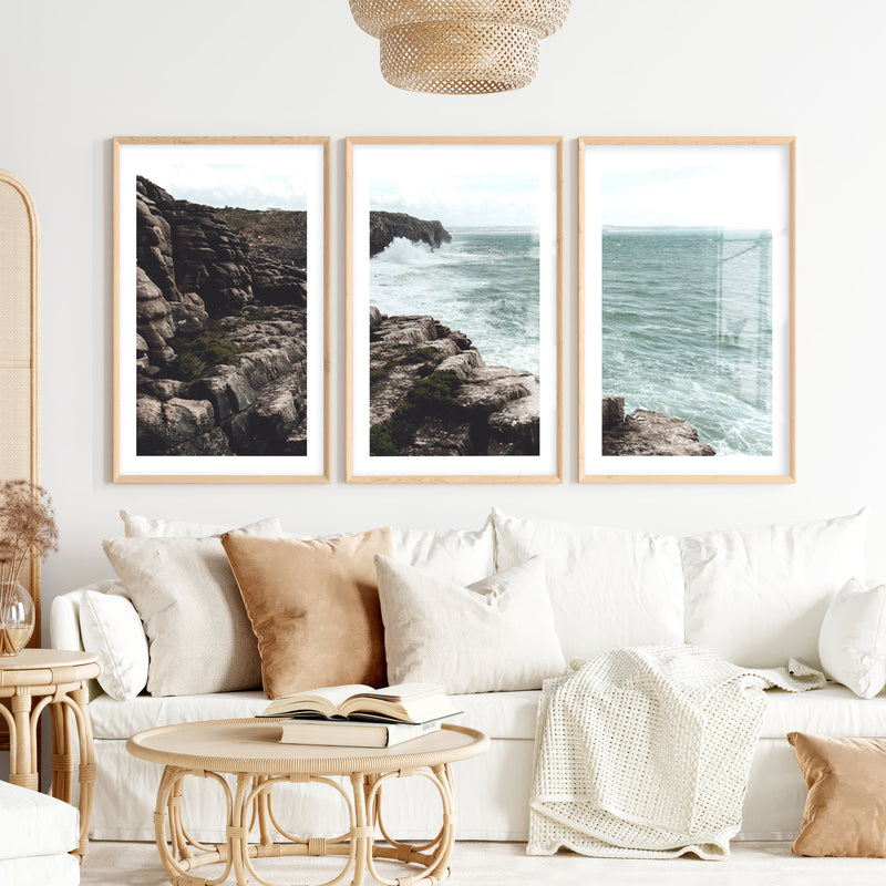 Rocky Cliffs Seaside Themed Wall Art- Natural Wood Framed Poster with White Border - Artworksets