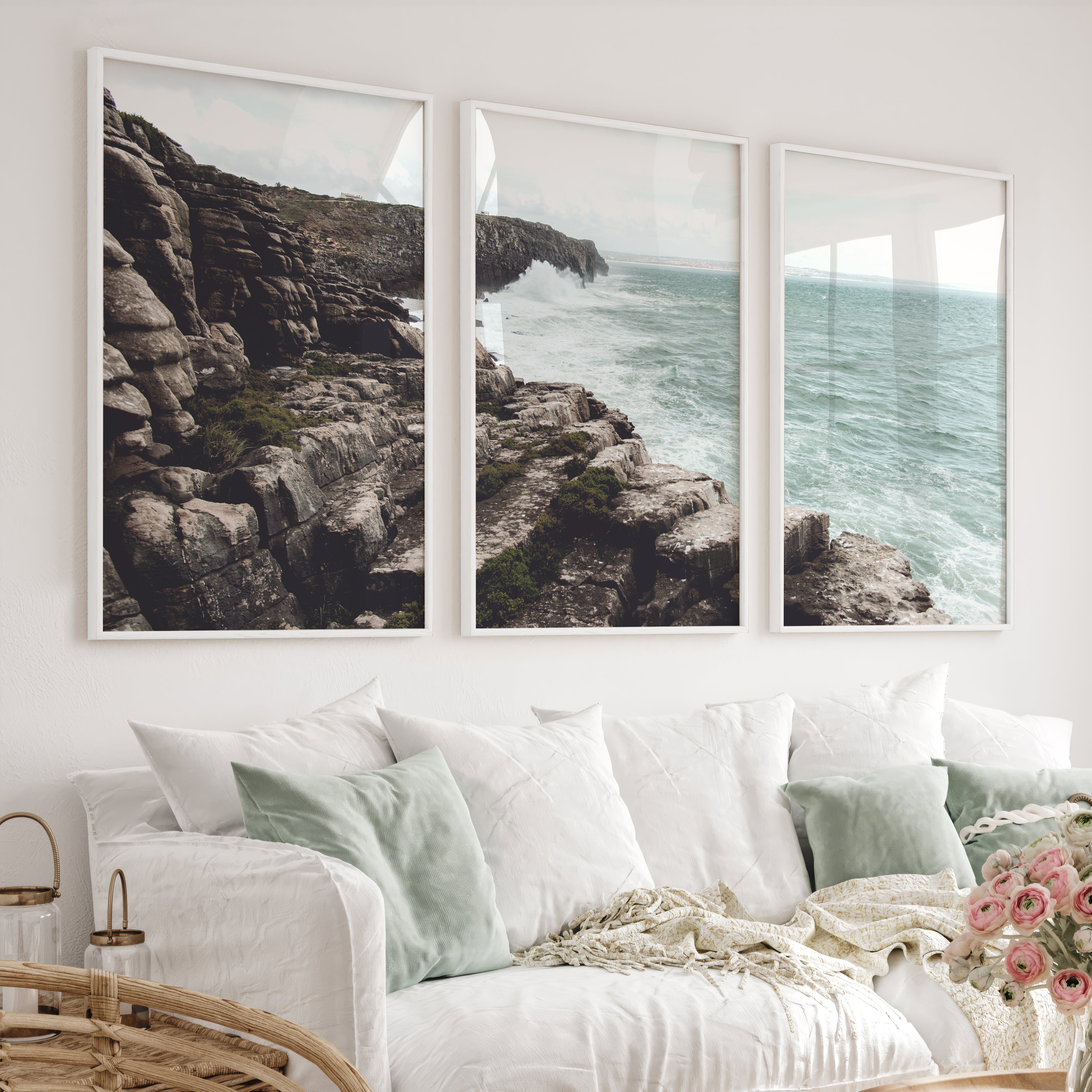 Rocky Cliffs Seaside Themed Wall Art - White Framed Poster No Border - Artworksets