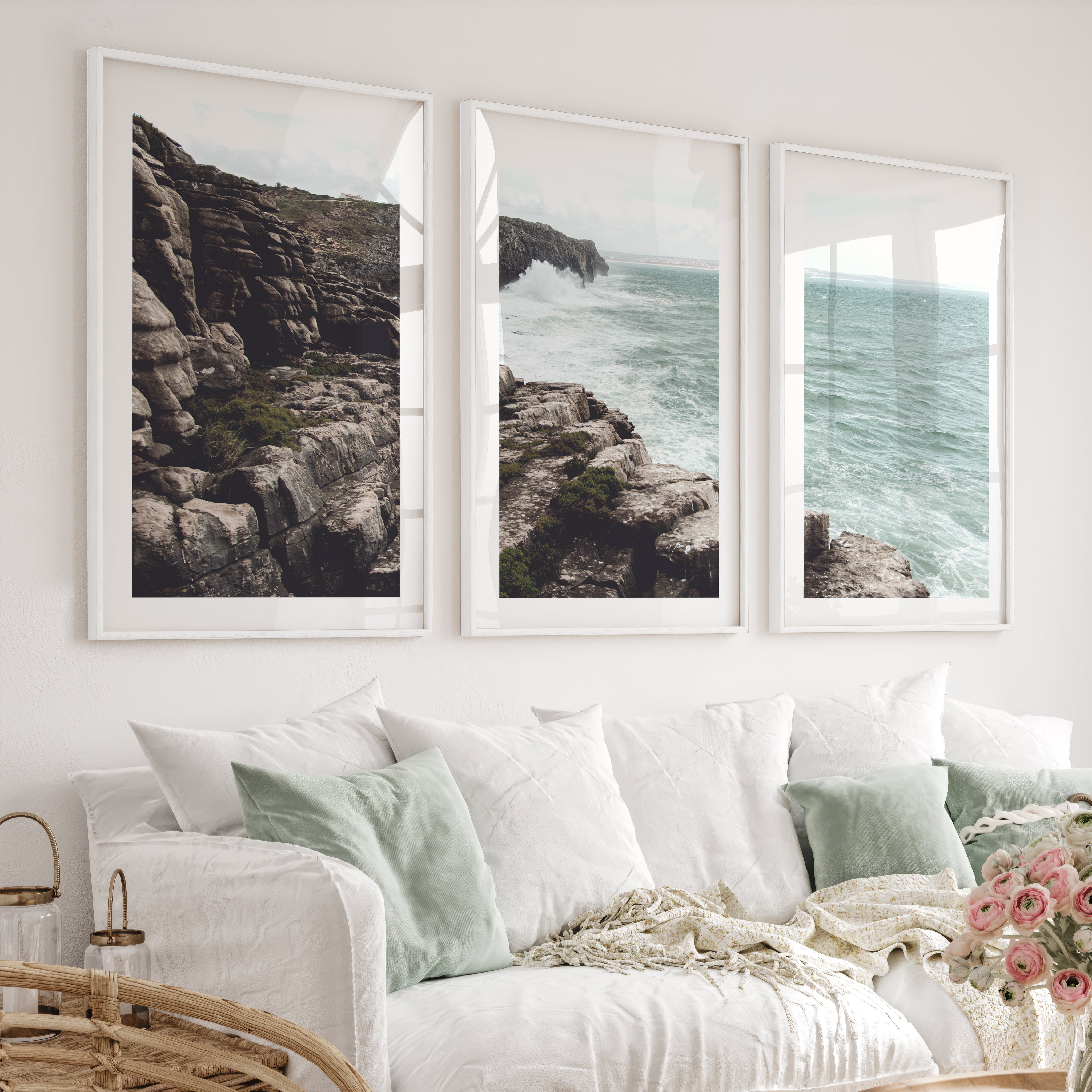 Rocky Cliffs Seaside Themed Wall Art - White Framed Poster with White Border - Artworksets