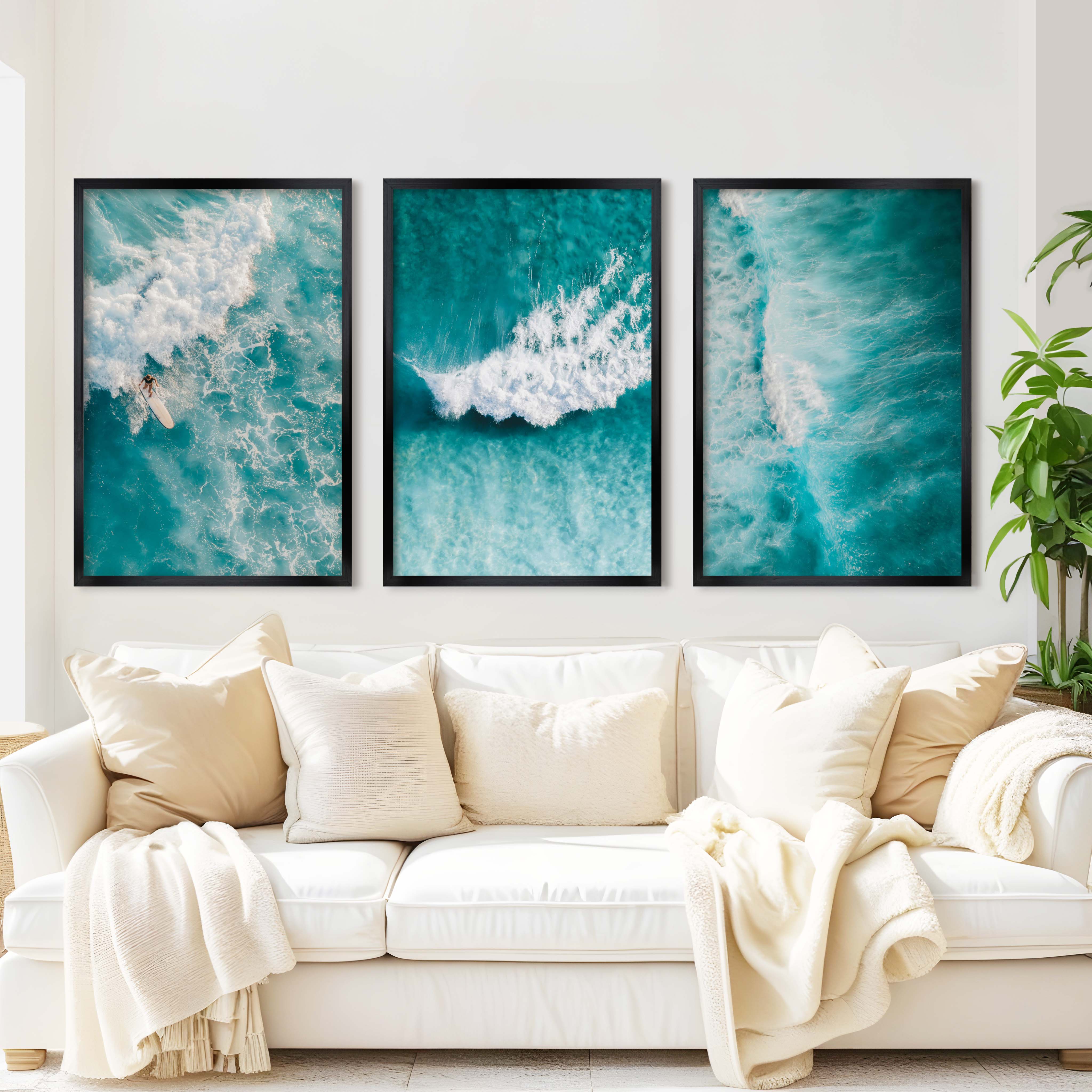 Seaside Themed Wall Art – Ocean Wave Print Set (3 Pieces) - Black Framed Poster No Border - Artworksets