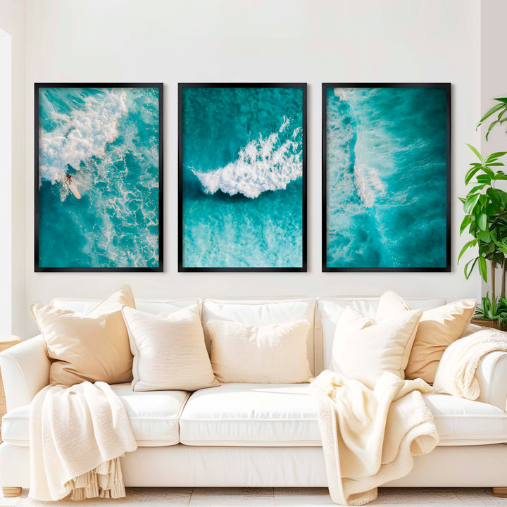 Seaside Themed Wall Art – Ocean Wave Print Set (3 Pieces) - Black Framed Poster No Border - Artworksets