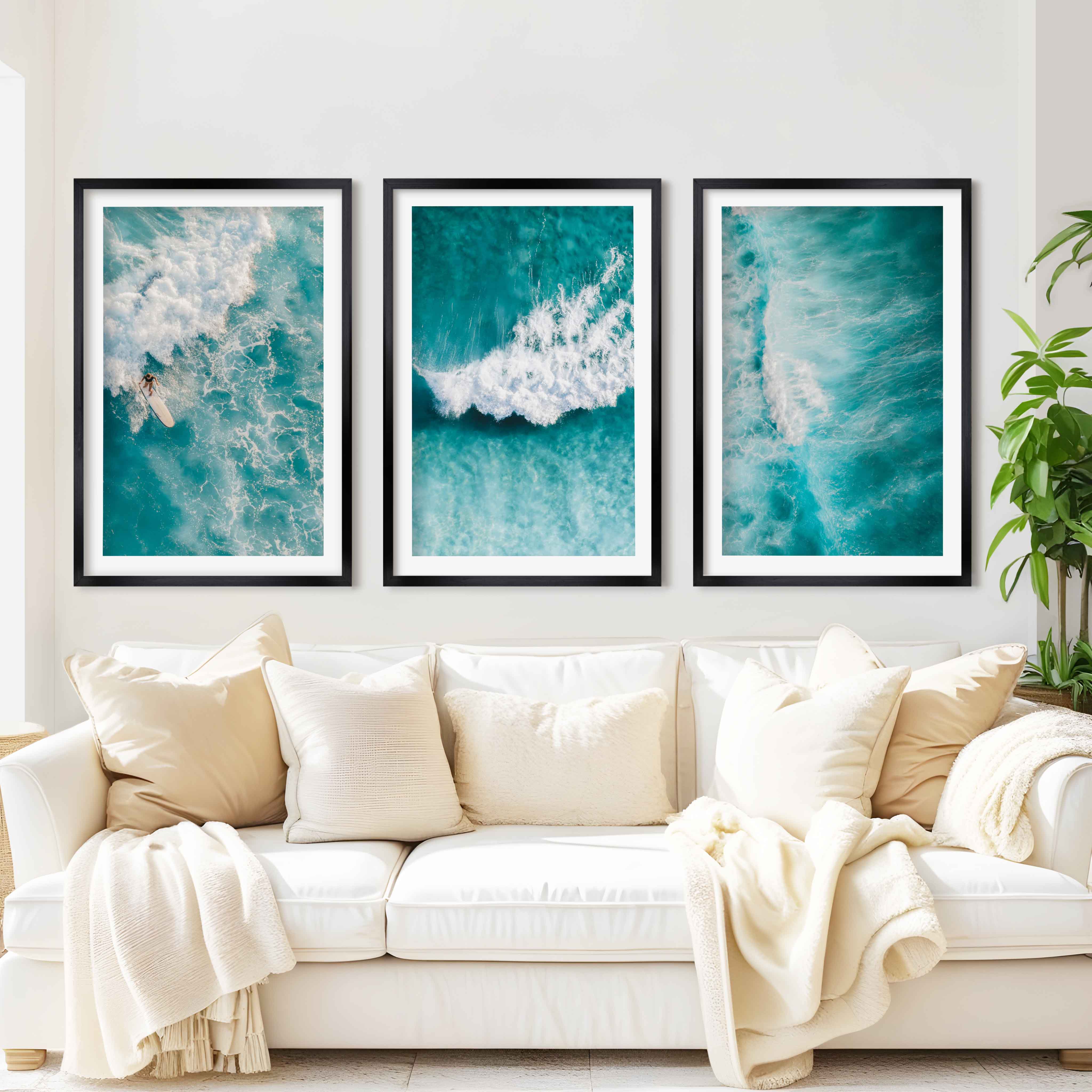 Seaside Themed Wall Art – Ocean Wave Print Set (3 Pieces) - Black Framed Poster with White Border - Artworksets
