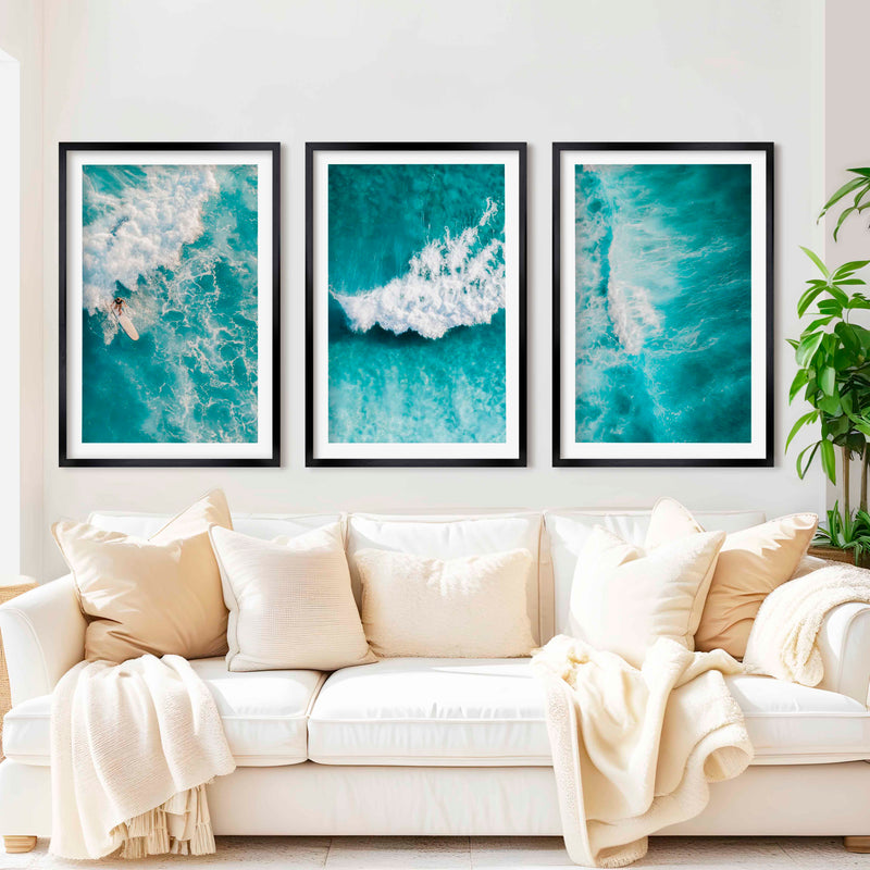 Seaside Themed Wall Art – Ocean Wave Print Set (3 Pieces) - Black Framed Poster with White Border - Artworksets