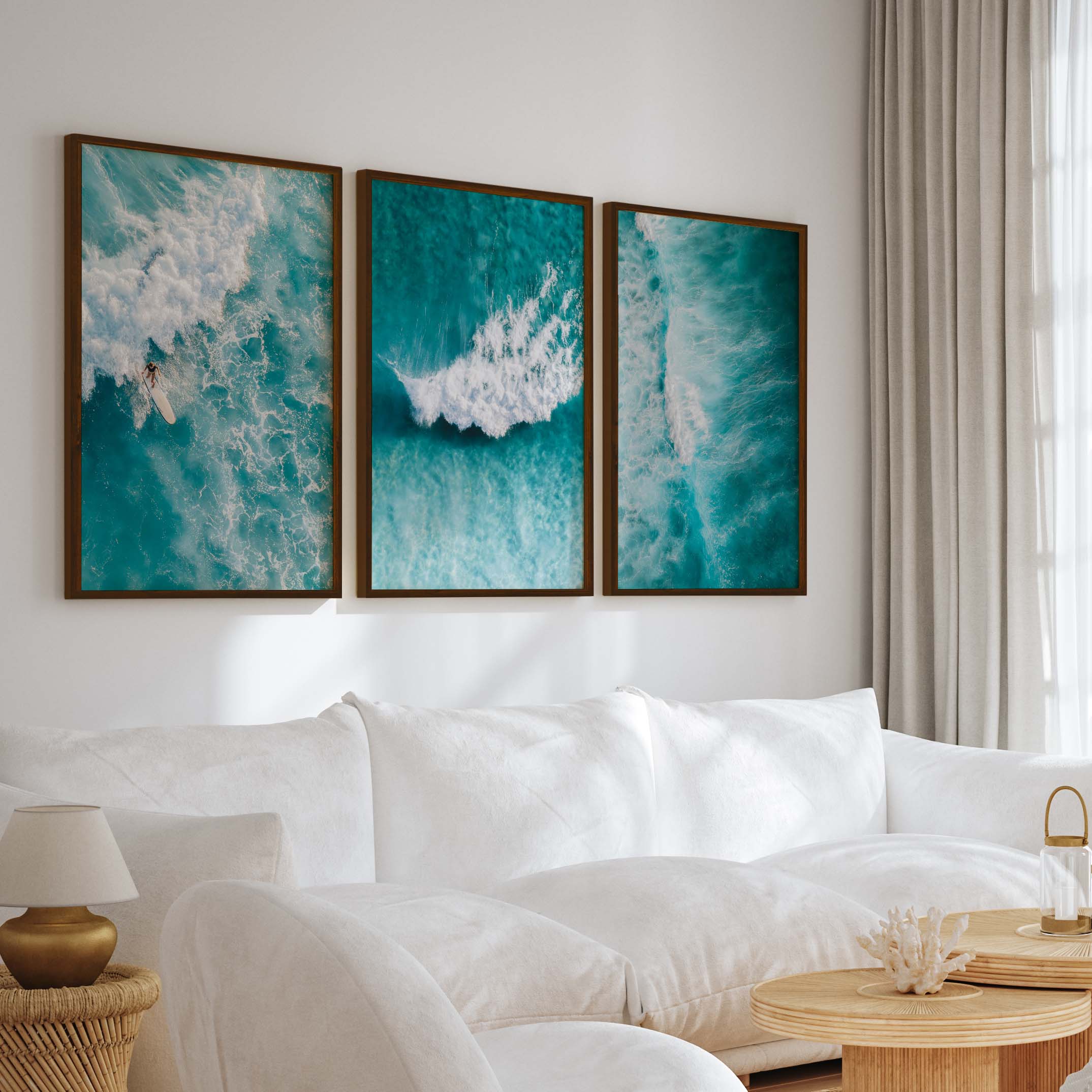 Seaside Themed Wall Art – Ocean Wave Print Set (3 Pieces) - Dark Brown Framed Poster No Border - Artworksets