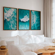 Seaside Themed Wall Art – Ocean Wave Print Set (3 Pieces) - Dark Brown Framed Poster No Border - Artworksets