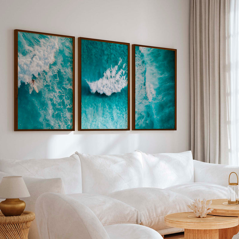 Seaside Themed Wall Art – Ocean Wave Print Set (3 Pieces) - Dark Brown Framed Poster No Border - Artworksets