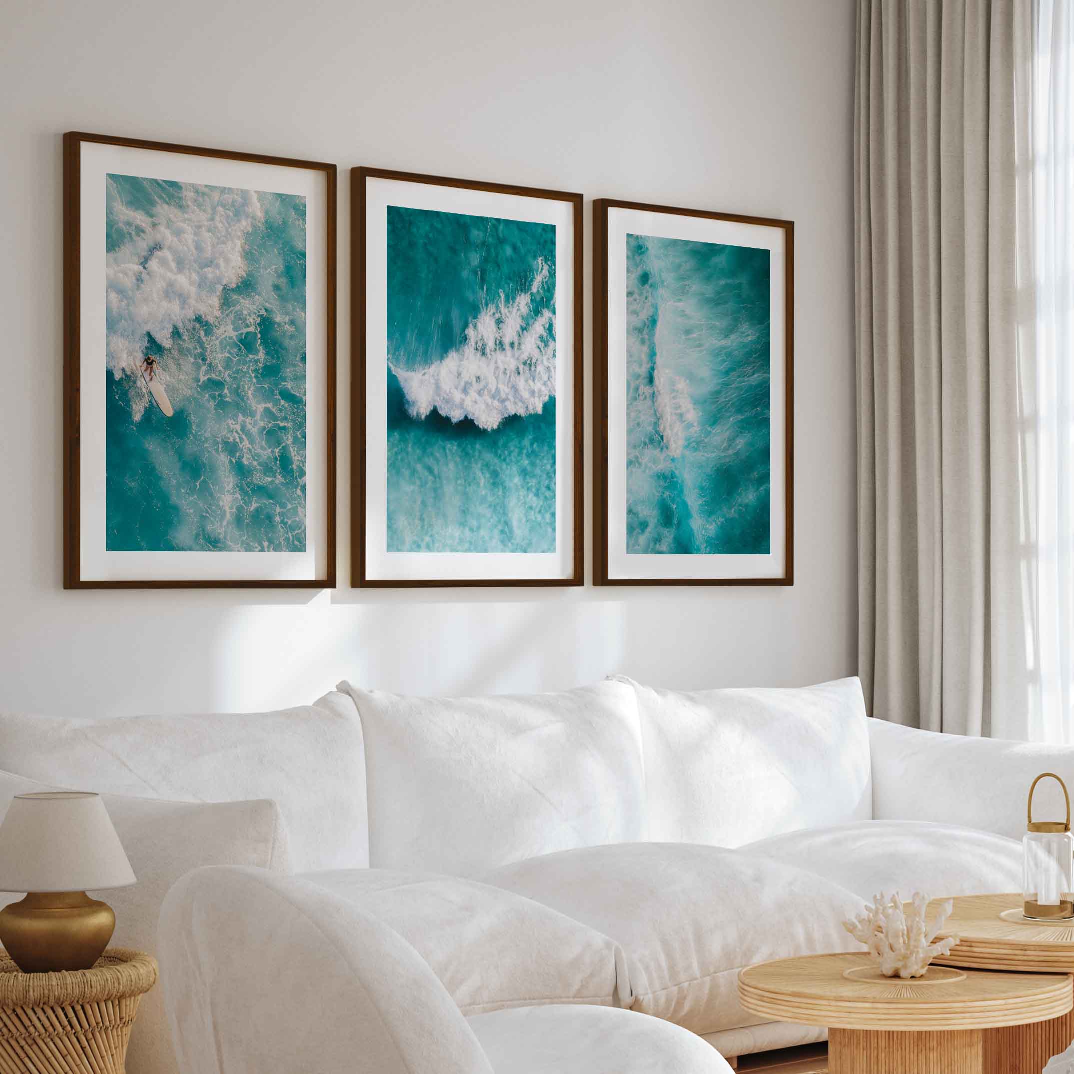 Seaside Themed Wall Art – Ocean Wave Print Set (3 Pieces) - Dark Brown Framed Poster with White Border - Artworksets
