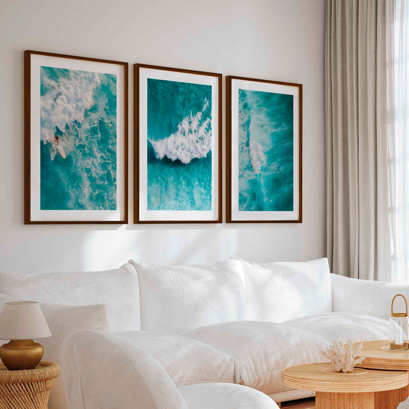 Seaside Themed Wall Art – Ocean Wave Print Set (3 Pieces) - Dark Brown Framed Poster with White Border - Artworksets