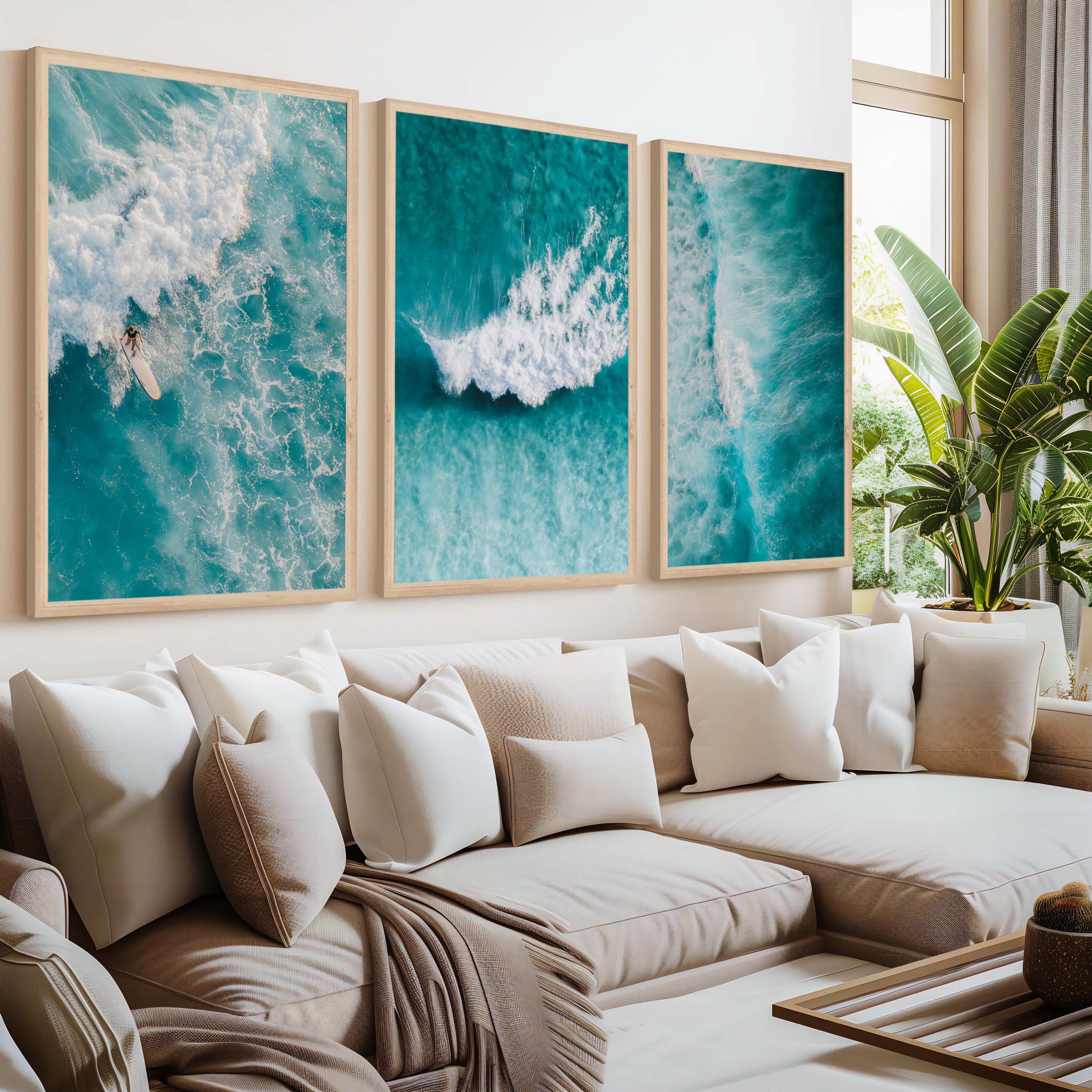 Seaside Themed Wall Art – Ocean Wave Print Set (3 Pieces) - Natural Wood Framed Poster No Border - Artworksets