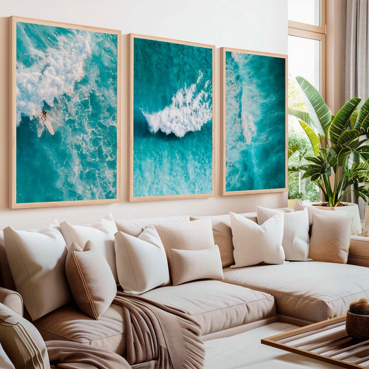 Seaside Themed Wall Art – Ocean Wave Print Set (3 Pieces) - Natural Wood Framed Poster No Border - Artworksets