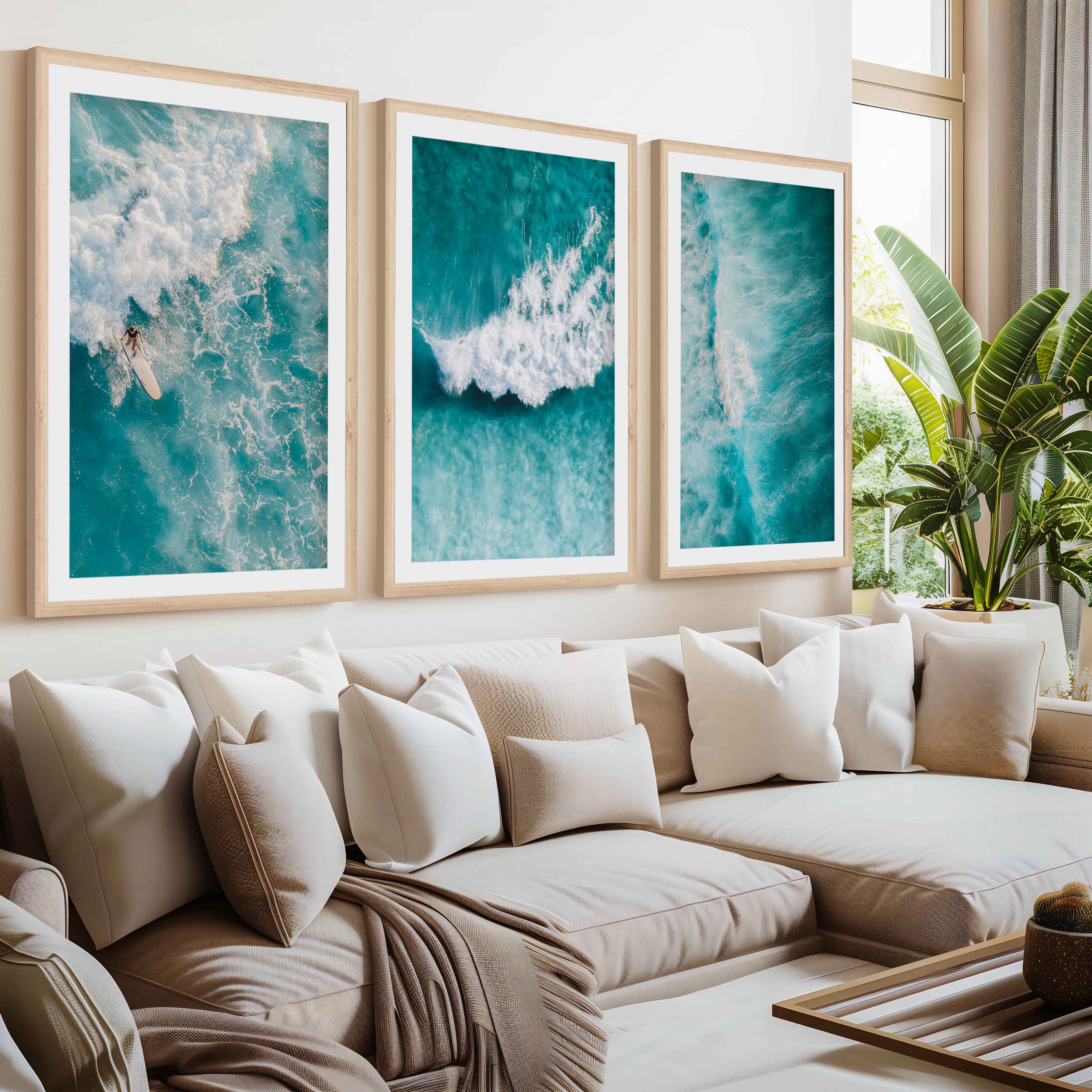 Seaside Themed Wall Art – Ocean Wave Print Set (3 Pieces)- Natural Wood Framed Poster with White Border - Artworksets