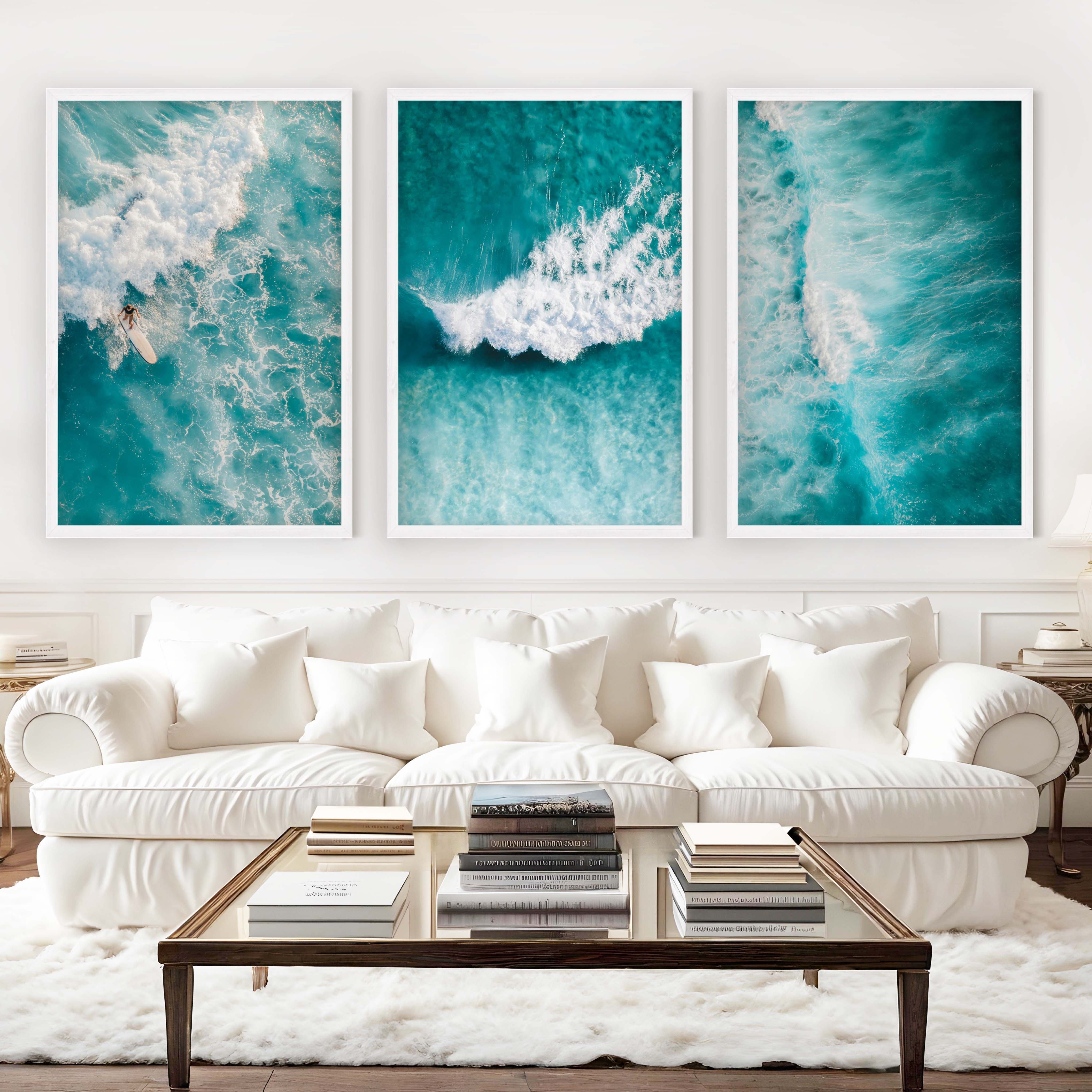Seaside Themed Wall Art – Ocean Wave Print Set (3 Pieces) - White Framed Poster No Border - Artworksets