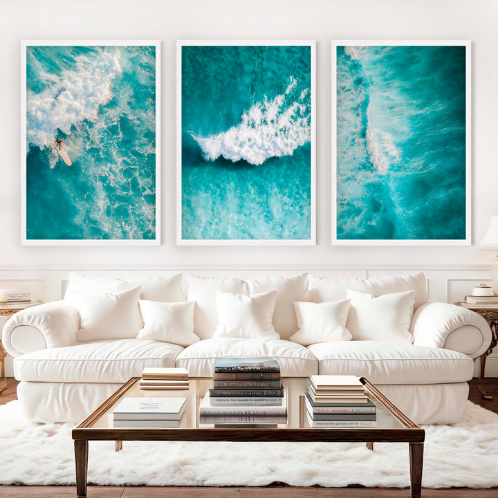 Seaside Themed Wall Art – Ocean Wave Print Set (3 Pieces) - White Framed Poster No Border - Artworksets