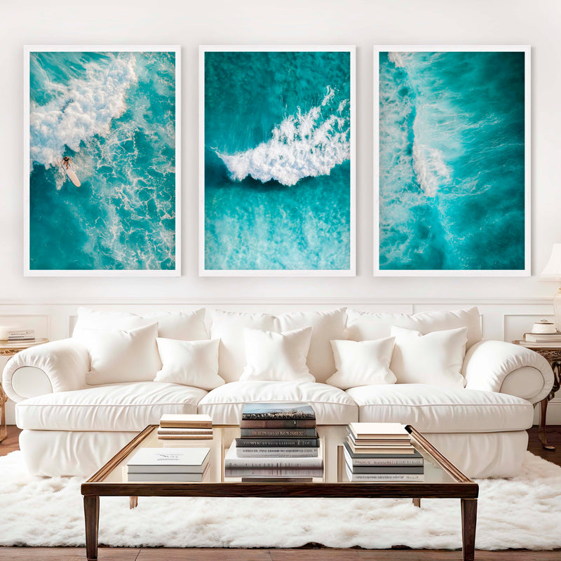 Seaside Themed Wall Art – Ocean Wave Print Set (3 Pieces) - White Framed Poster No Border - Artworksets