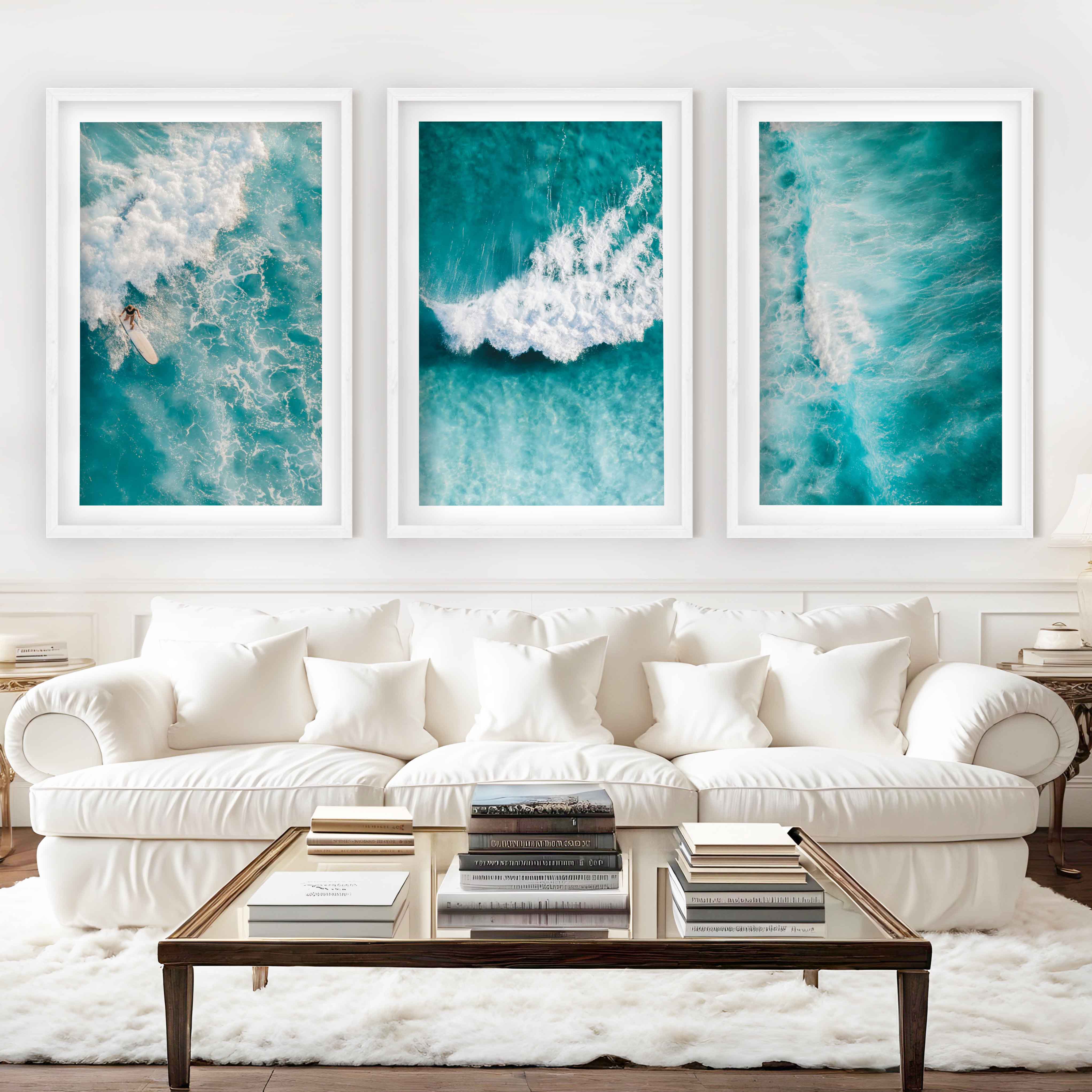 Seaside Themed Wall Art – Ocean Wave Print Set (3 Pieces) - White Framed Poster with White Border - Artworksets