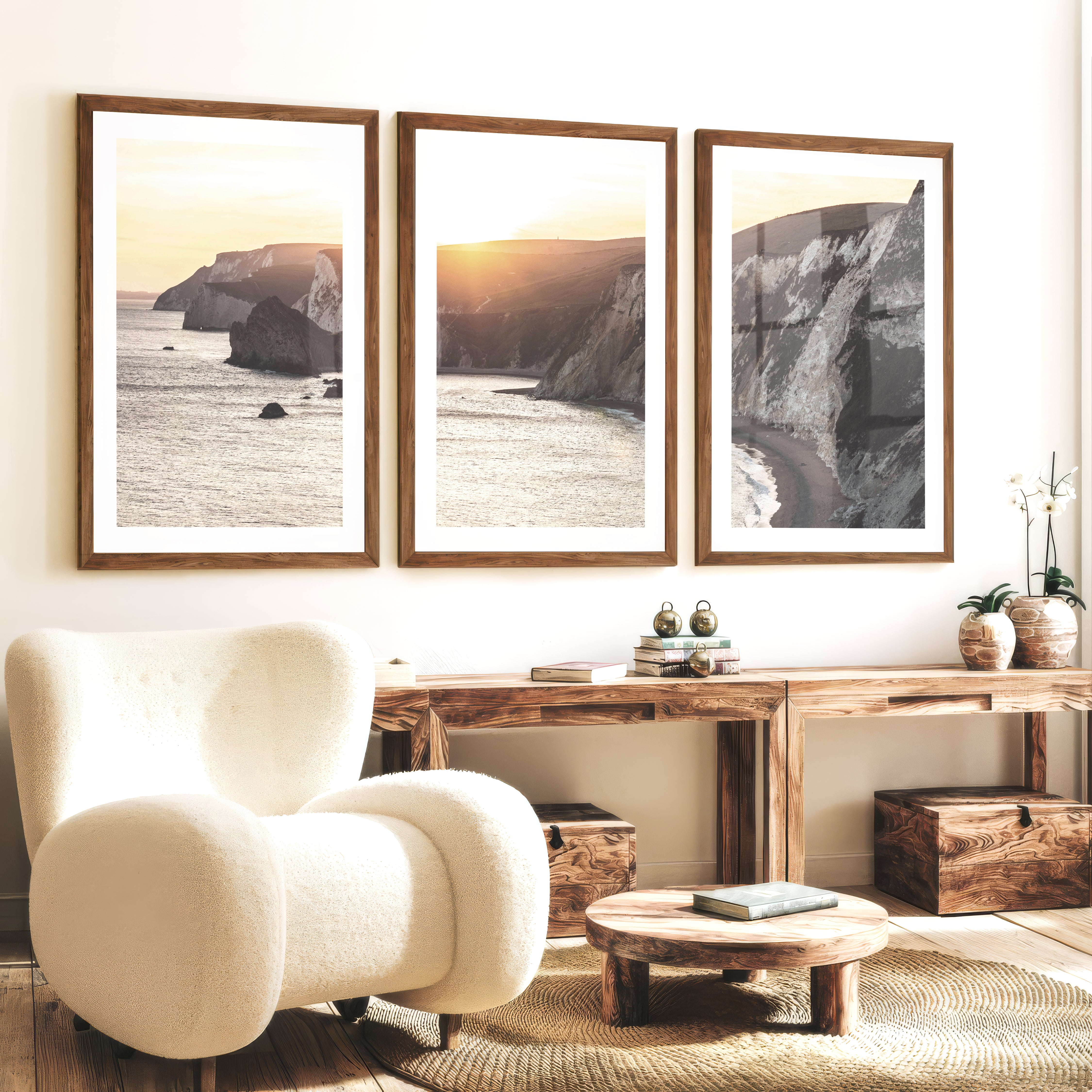 Sunset Cliffs seaside wall art - Dark Brown Framed Poster with White Border - Artworksets