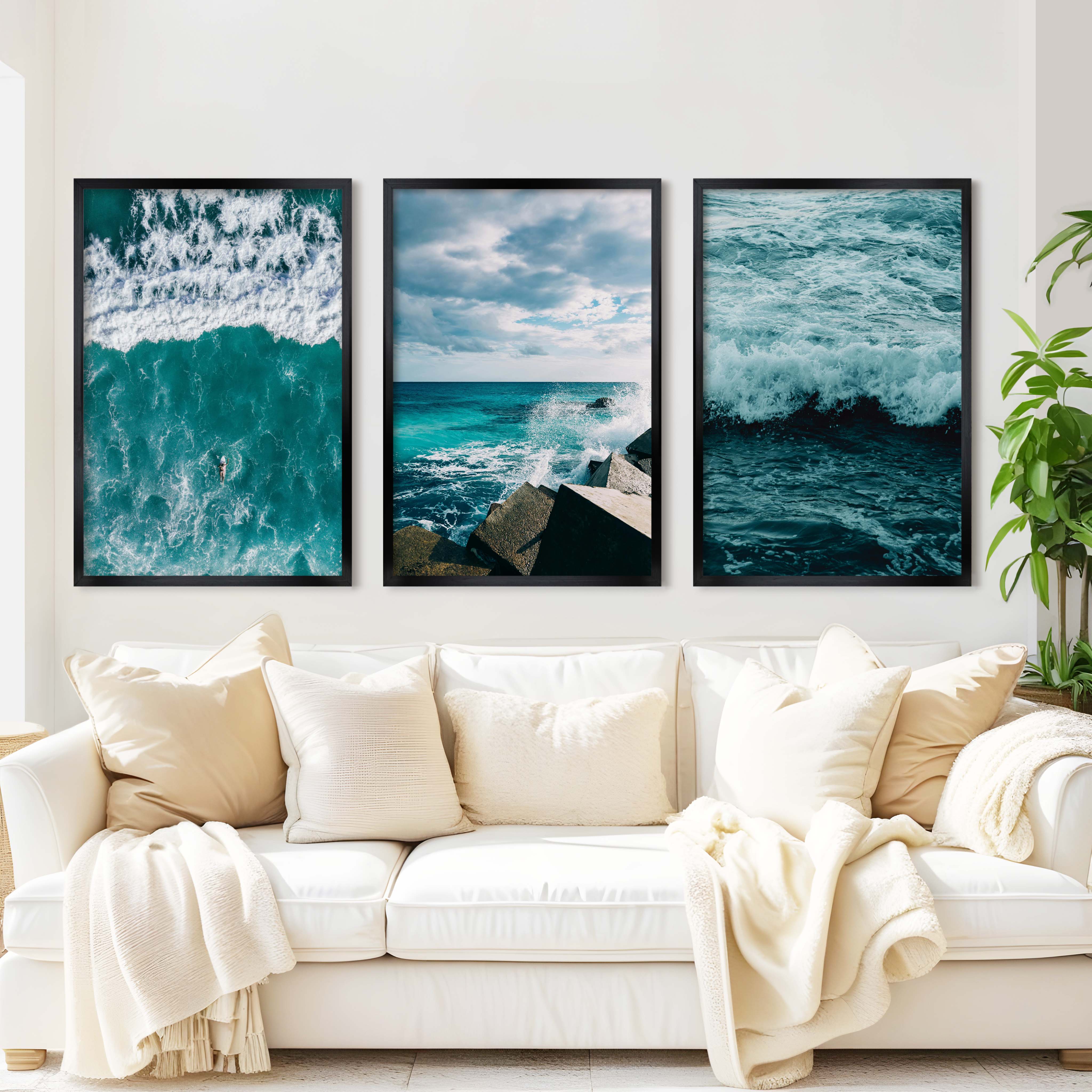 Seaside Wall Art – Surfer, Ocean Waves & Rocky Coast (Set of 3) - Black Framed Poster No Border - Artworksets