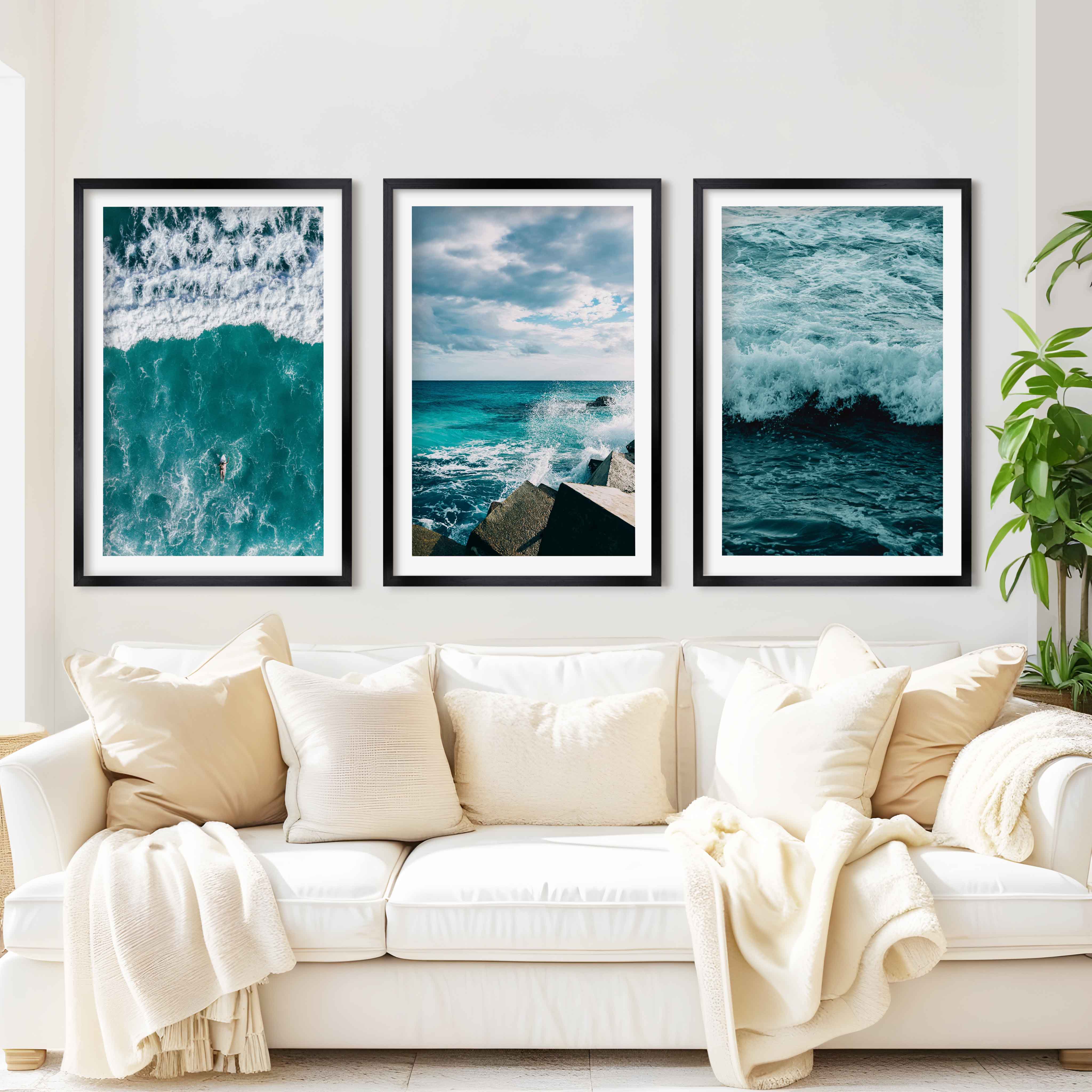 Seaside Wall Art – Surfer, Ocean Waves & Rocky Coast (Set of 3) - Black Framed Poster with White Border - Artworksets