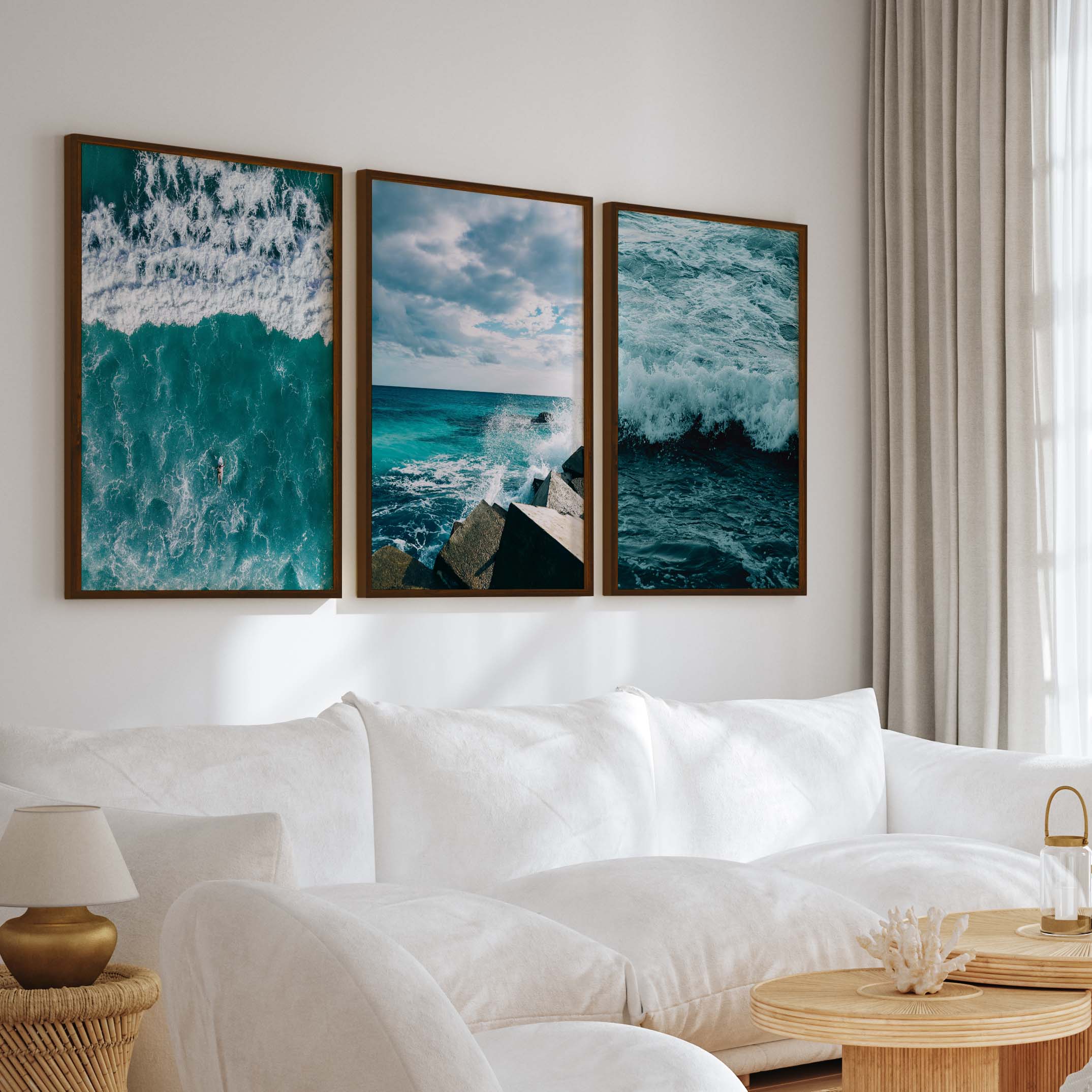 Seaside Wall Art – Surfer, Ocean Waves & Rocky Coast (Set of 3) - Dark Brown Framed Poster No Border - Artworksets