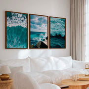 Seaside Wall Art – Surfer, Ocean Waves & Rocky Coast (Set of 3) - Dark Brown Framed Poster No Border - Artworksets