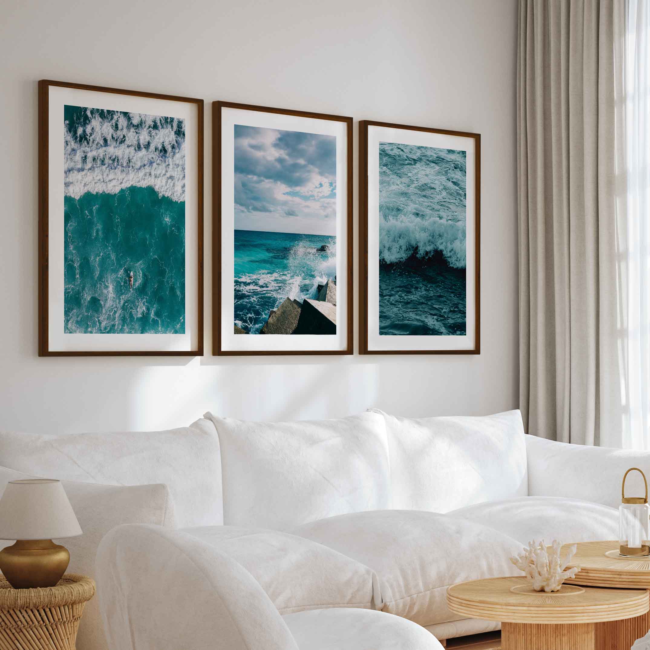 Seaside Wall Art – Surfer, Ocean Waves & Rocky Coast (Set of 3) - Dark Brown Framed Poster with White Border - Artworksets