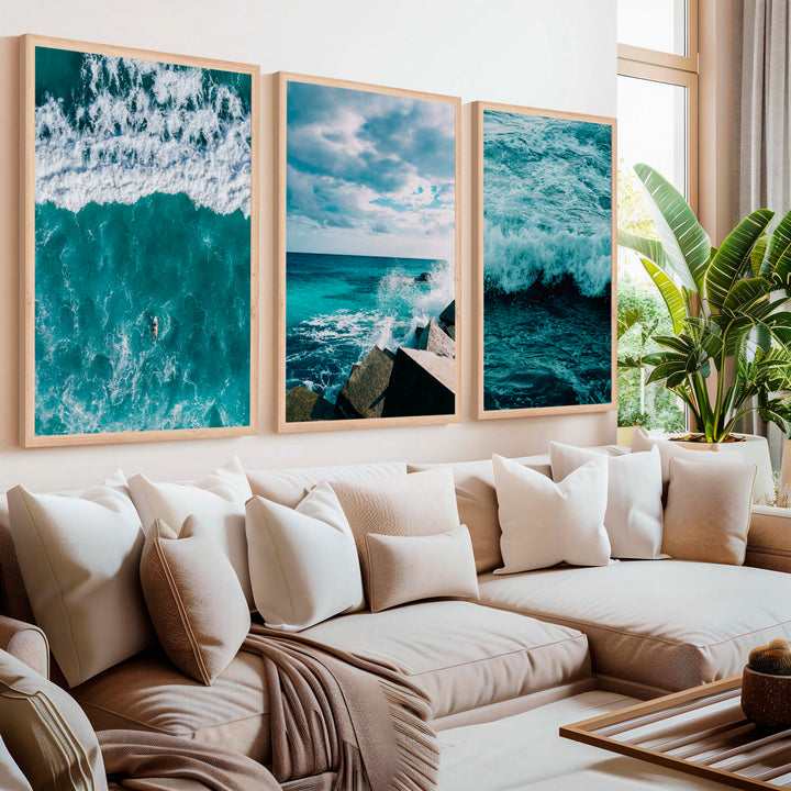 Seaside Wall Art – Surfer, Ocean Waves & Rocky Coast (Set of 3) - Natural Wood Framed Poster No Border - Artworksets