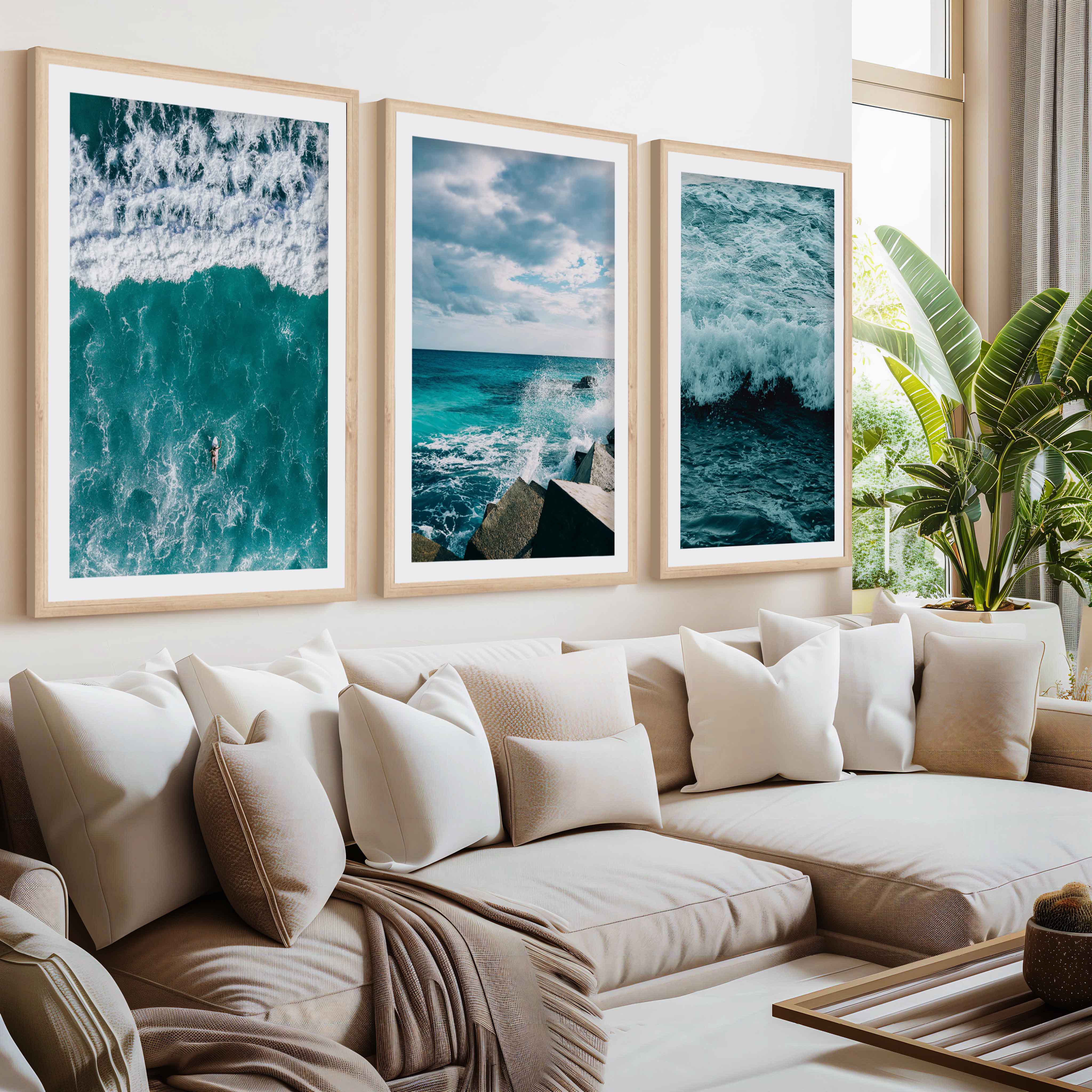 Seaside Wall Art – Surfer, Ocean Waves & Rocky Coast (Set of 3)- Natural Wood Framed Poster with White Border - Artworksets