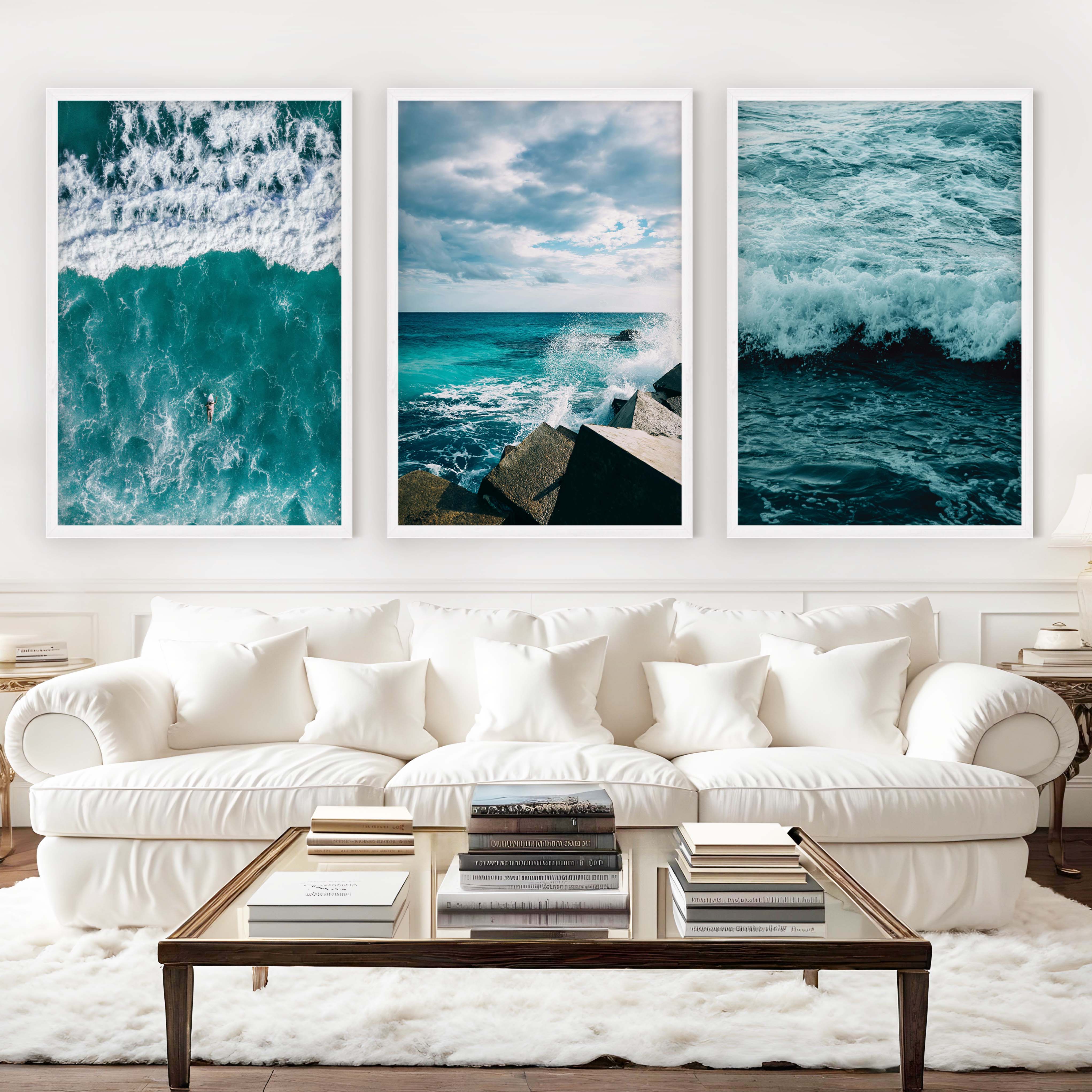 Seaside Wall Art – Surfer, Ocean Waves & Rocky Coast (Set of 3) - White Framed Poster No Border - Artworksets