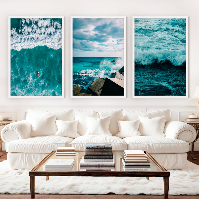 Seaside Wall Art – Surfer, Ocean Waves & Rocky Coast (Set of 3) - White Framed Poster No Border - Artworksets