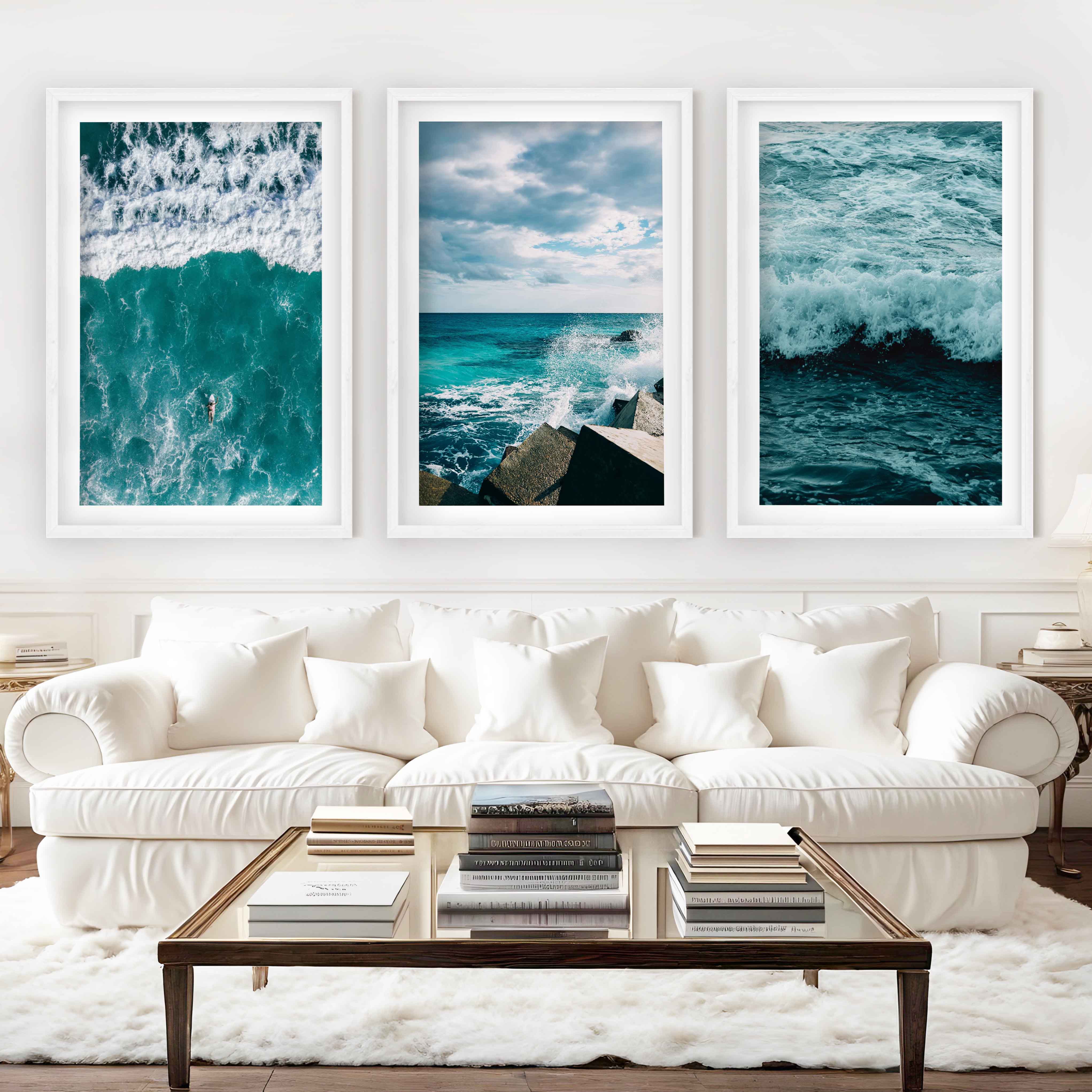 Seaside Wall Art – Surfer, Ocean Waves & Rocky Coast (Set of 3) - White Framed Poster with White Border - Artworksets