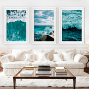 Seaside Wall Art – Surfer, Ocean Waves & Rocky Coast (Set of 3) - White Framed Poster with White Border - Artworksets