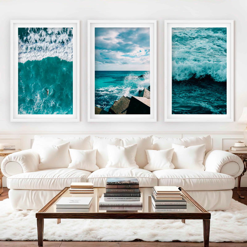 Seaside Wall Art – Surfer, Ocean Waves & Rocky Coast (Set of 3) - White Framed Poster with White Border - Artworksets