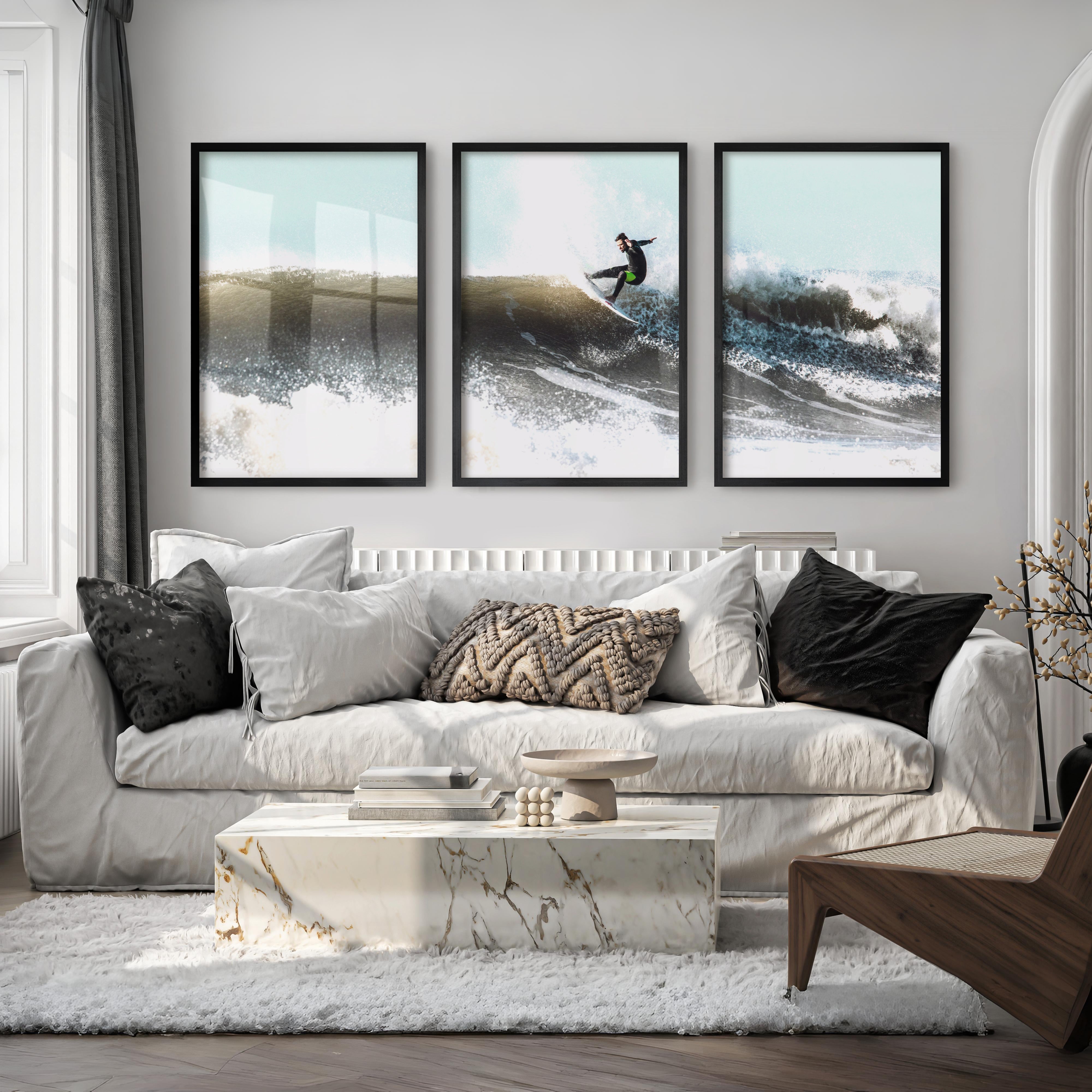 Breaking Wave Surfer Seaside Wall Art - Black Framed Poster No Border - Artworksets